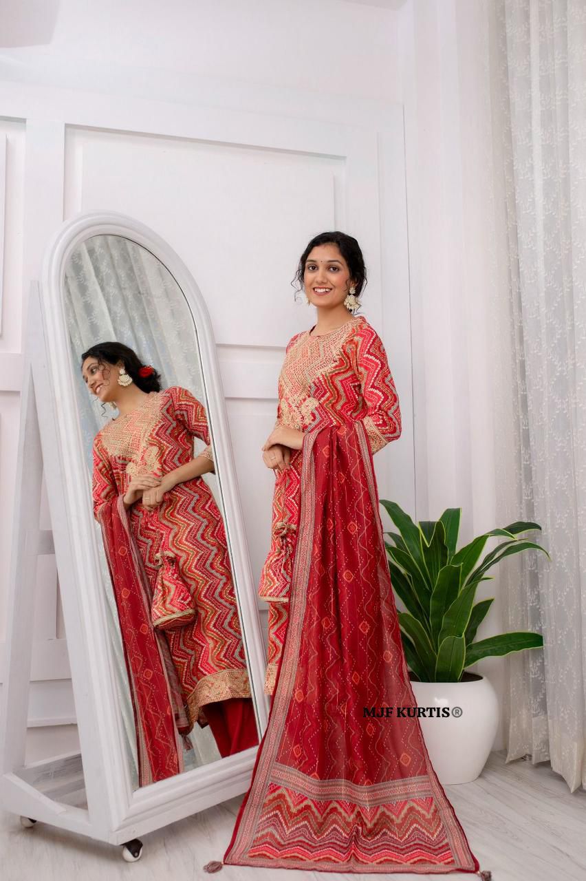 Premium Heavy Rayon 4pc Bandhej Lehriya suit