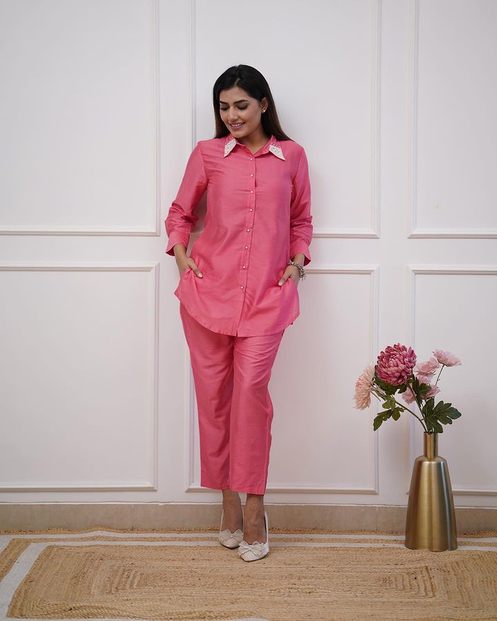 Pink co-ord set with collar beads work