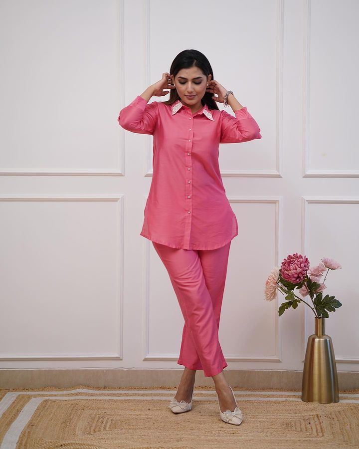 Pink co-ord set with collar beads work