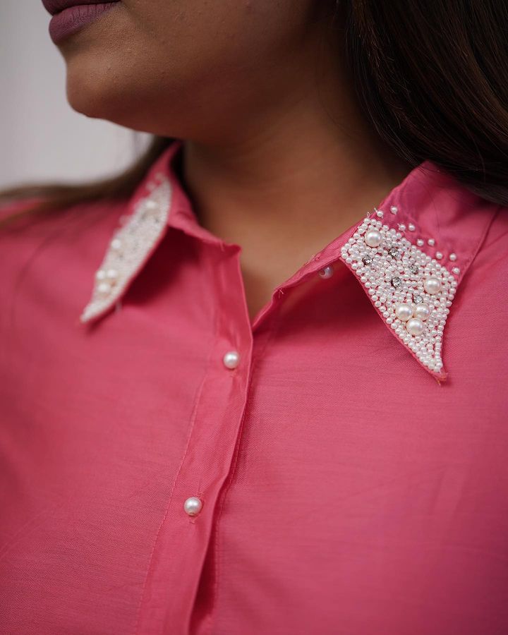 Pink co-ord set with collar beads work
