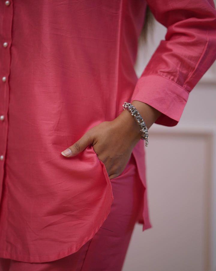 Pink co-ord set with collar beads work