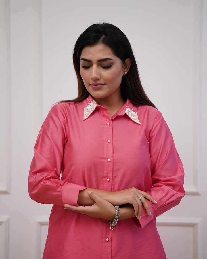 Pink co-ord set with collar beads work
