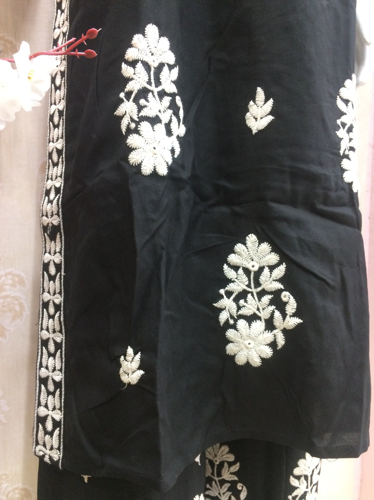Black Cotton Floral Embroidered Suit Set with chiffon Dupatta