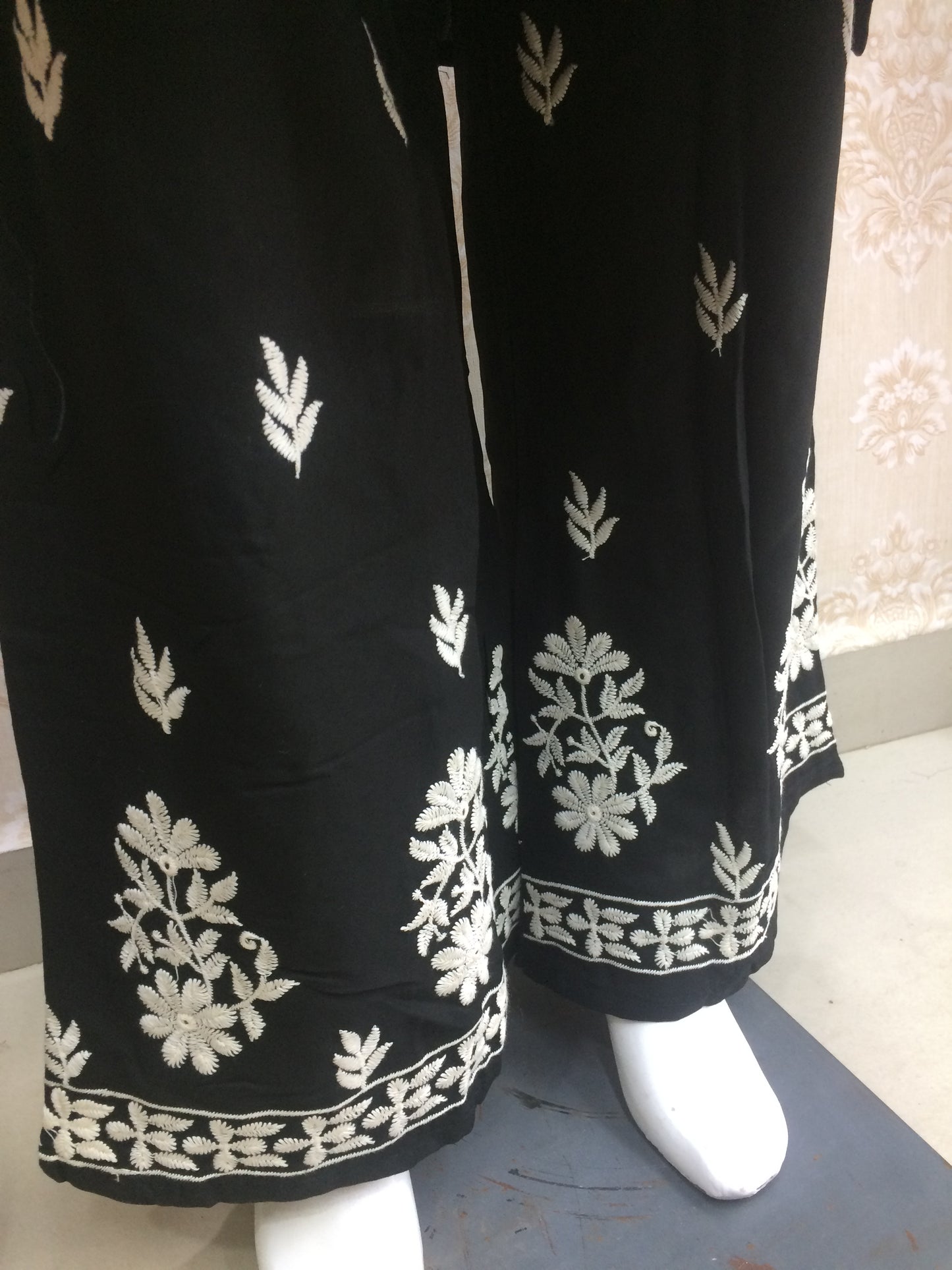 Black Cotton Floral Embroidered Suit Set with chiffon Dupatta
