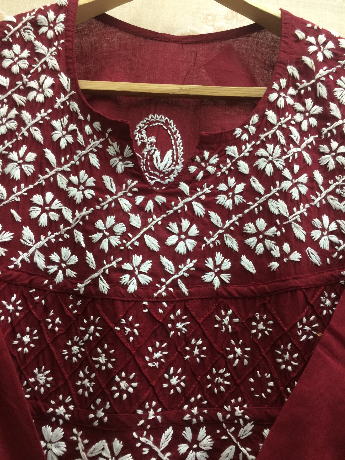Maroon machine work lucknawi kurti