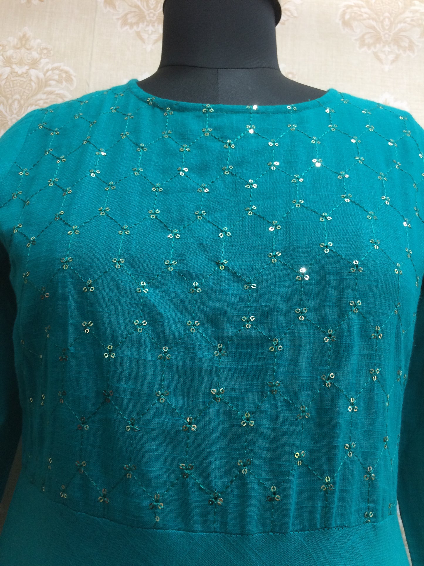 Firozi Cotton Anarkali Kurti with Yoke Work