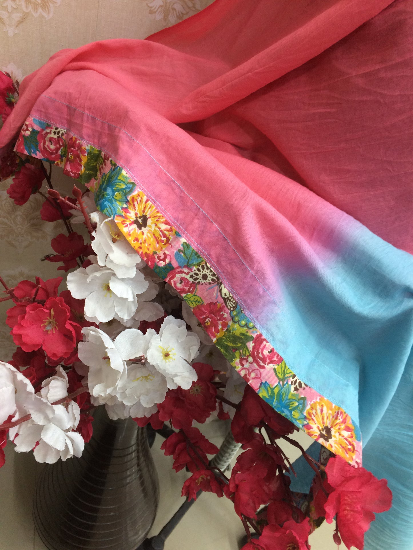 Soft Ombre Pink & Teal Blue Dupatta with Ethnic Print Border