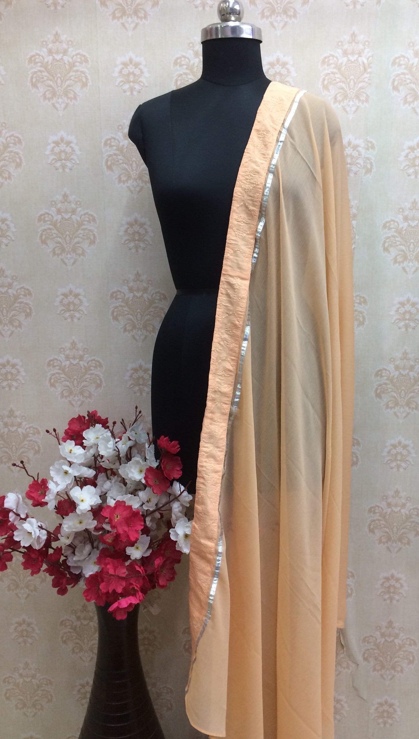 Elegant Nude Peach Chiffon Dupatta with Silver Gota Patti Lace Border