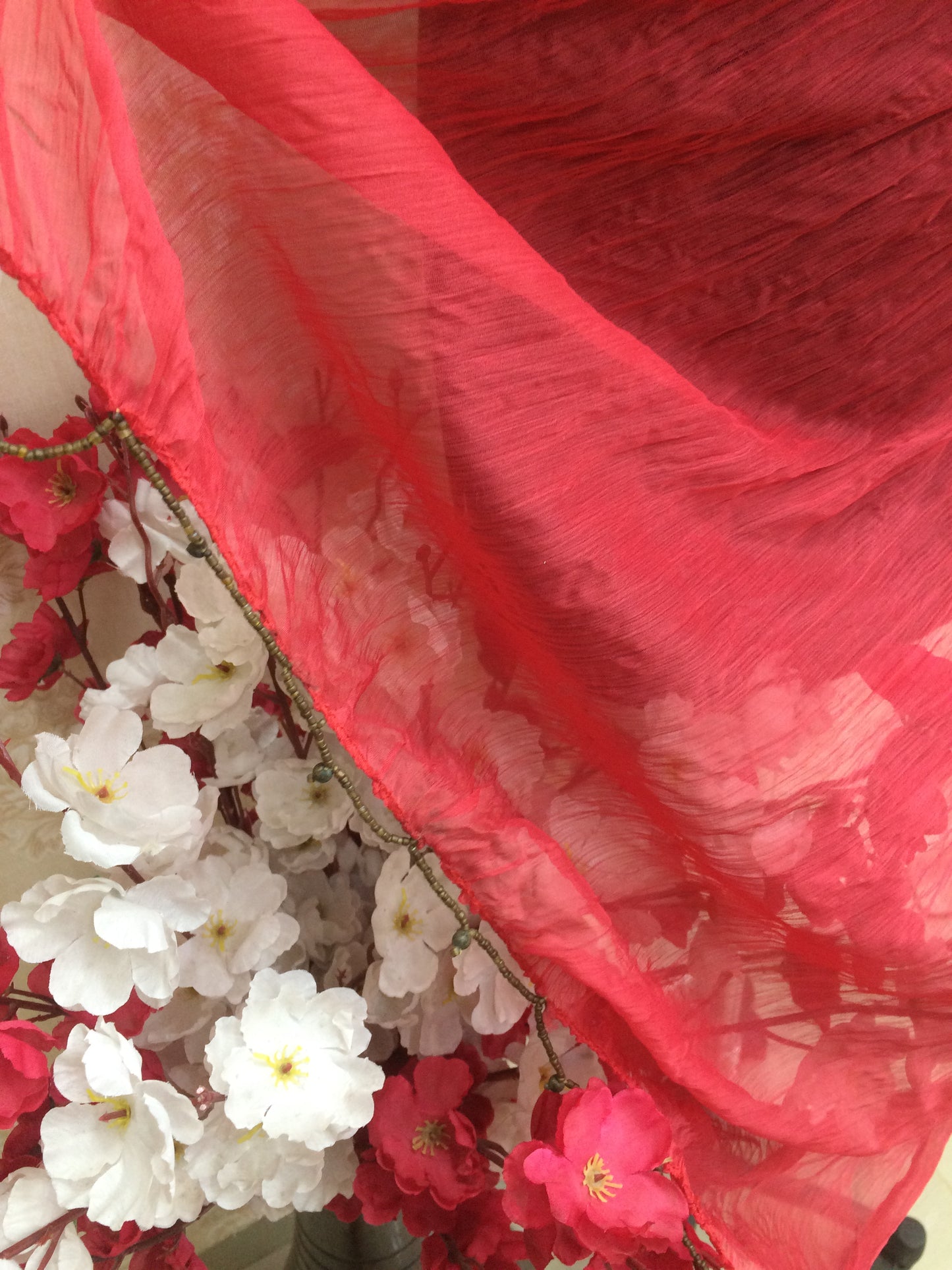 Cherry Red Chiffon with Golden Trim