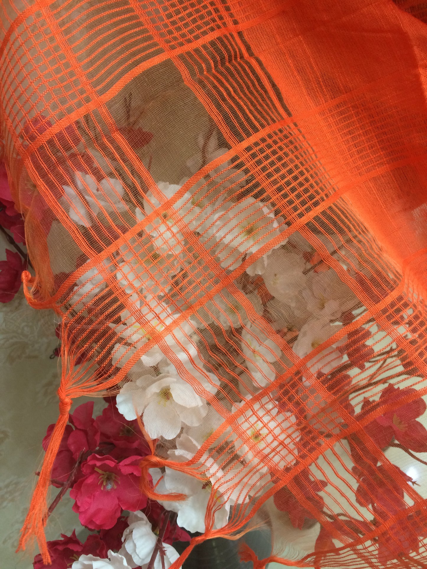 Orange cotton checkered dupatta
