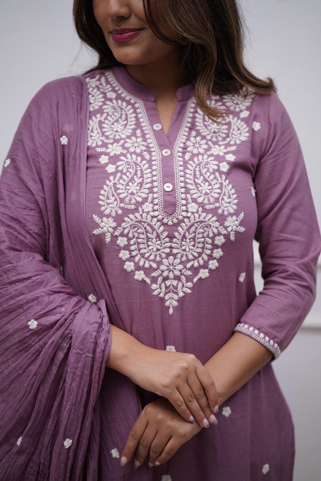 Purple machine work dress with soft dupatta