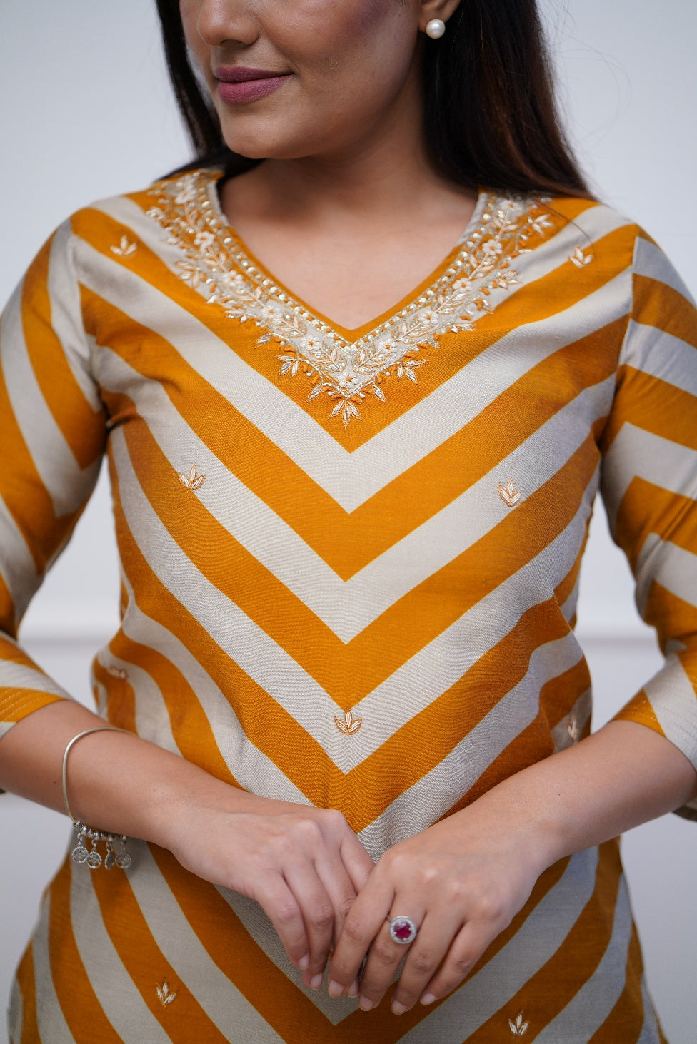 Mustard Kurta Pant Set yolk work