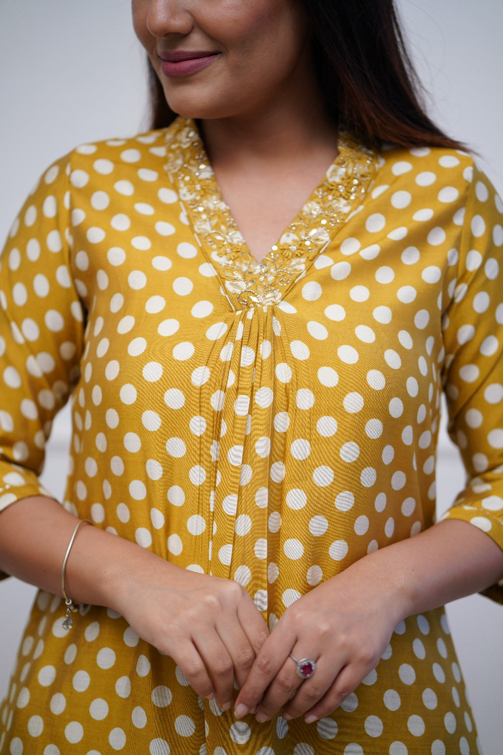 Mustard yellow polka dots Kurta Pant Set