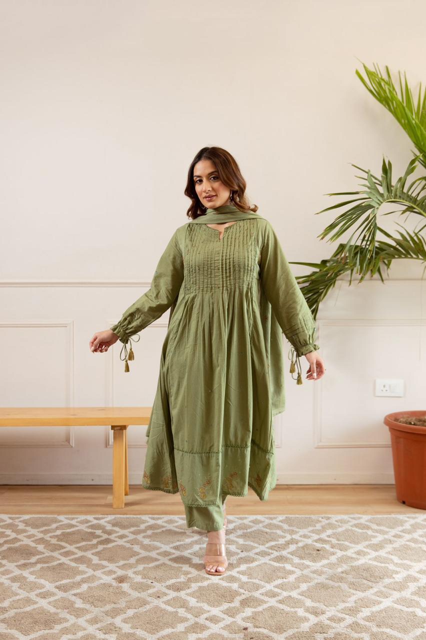 Olive Green Embroidered Cotton Anarkali Suit Set with Dupatta