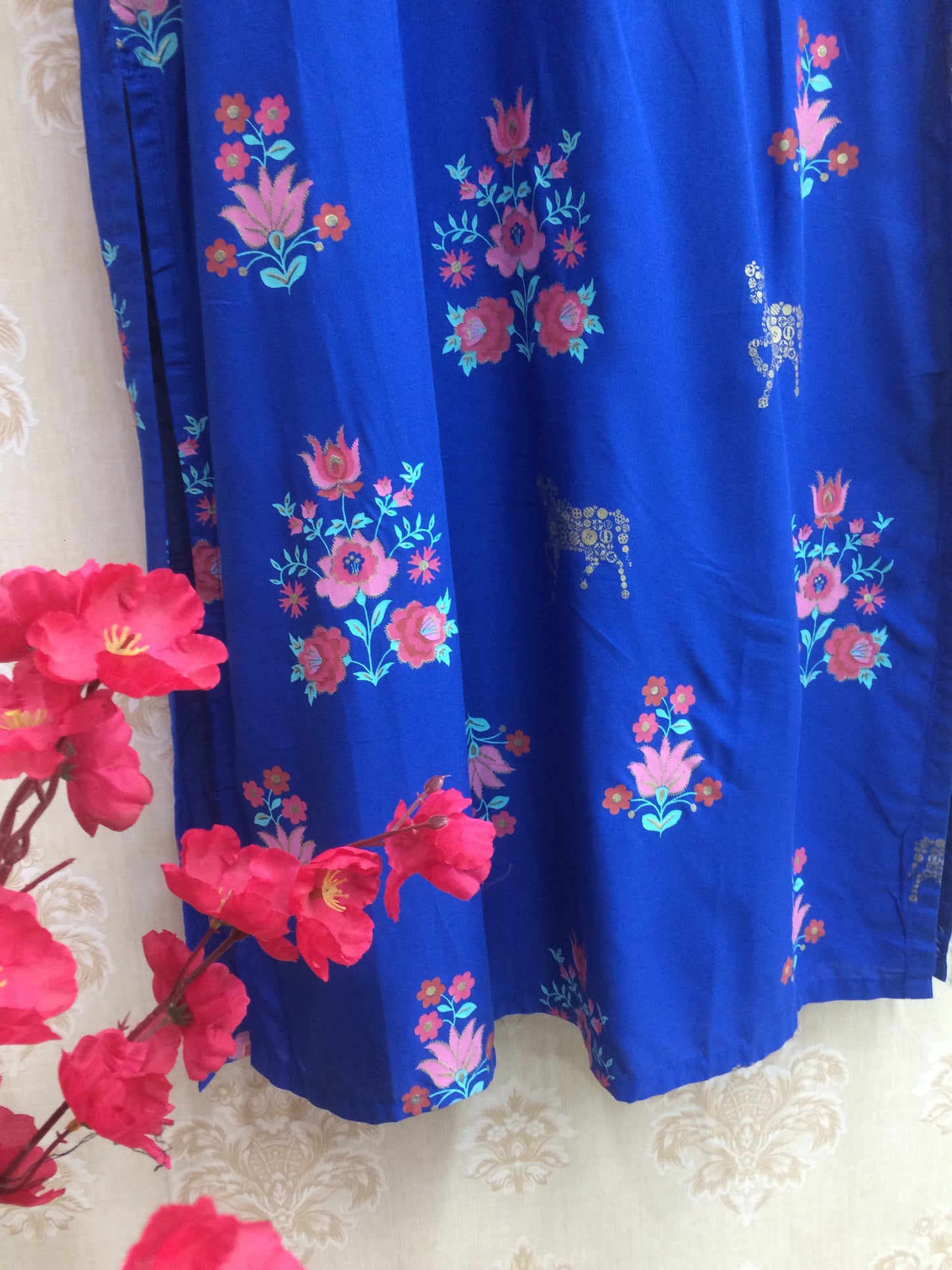 Rangriti Style Royal Blue Rayon Kurti with Floral & Animal Print
