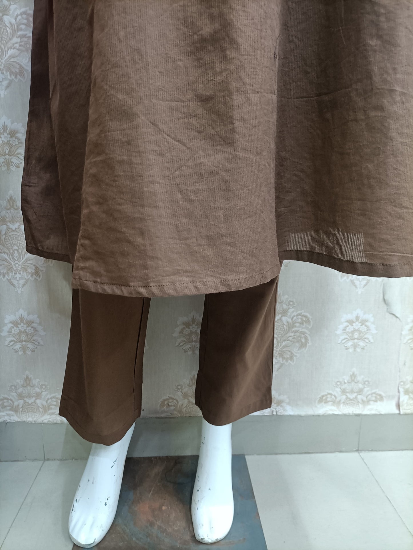 Elegant Earth Brown Embroidered Cotton Blend Kurta Set with Dupatta