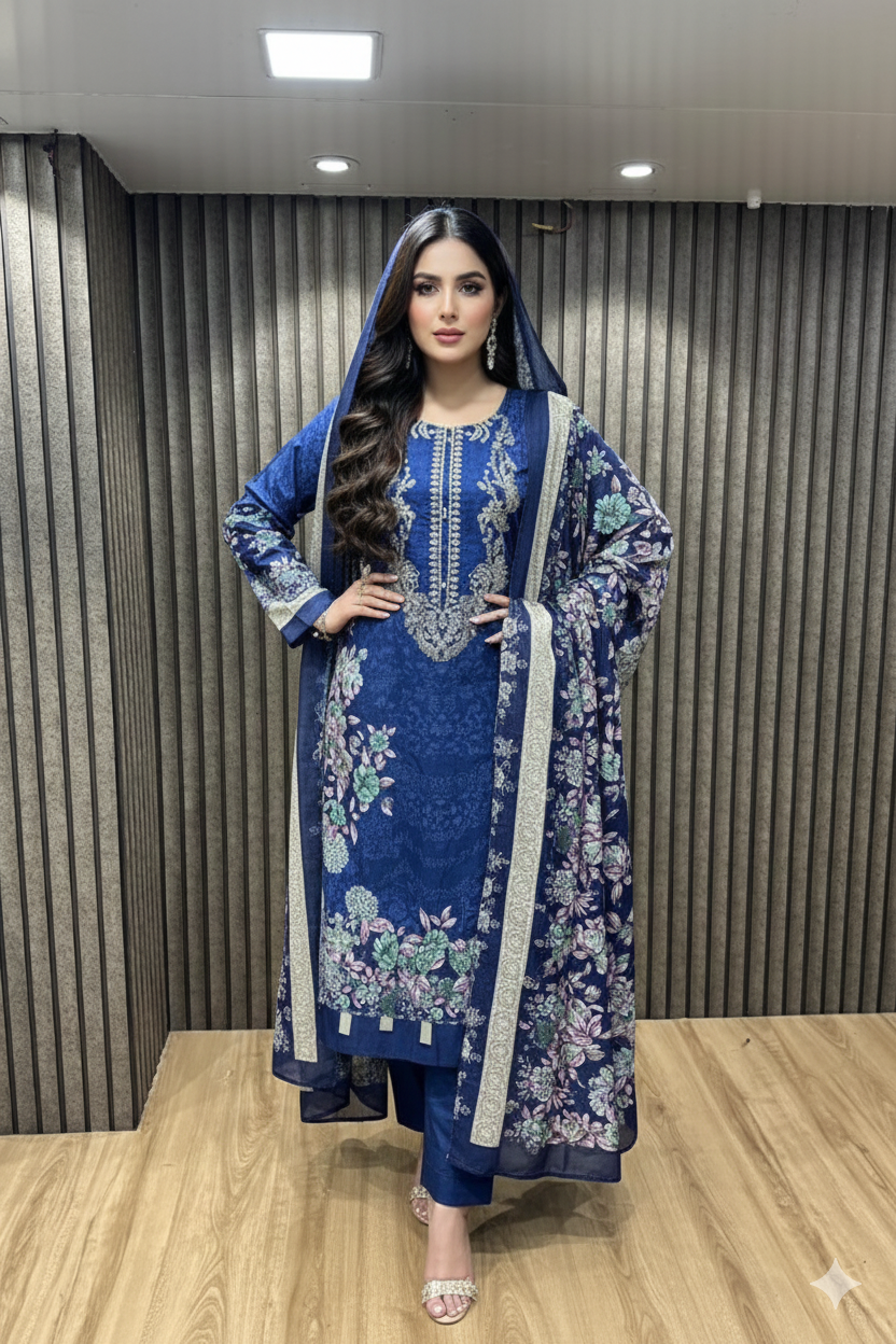 Regal Navy Blue Embroidered & Digital Printed 3-Piece Suit