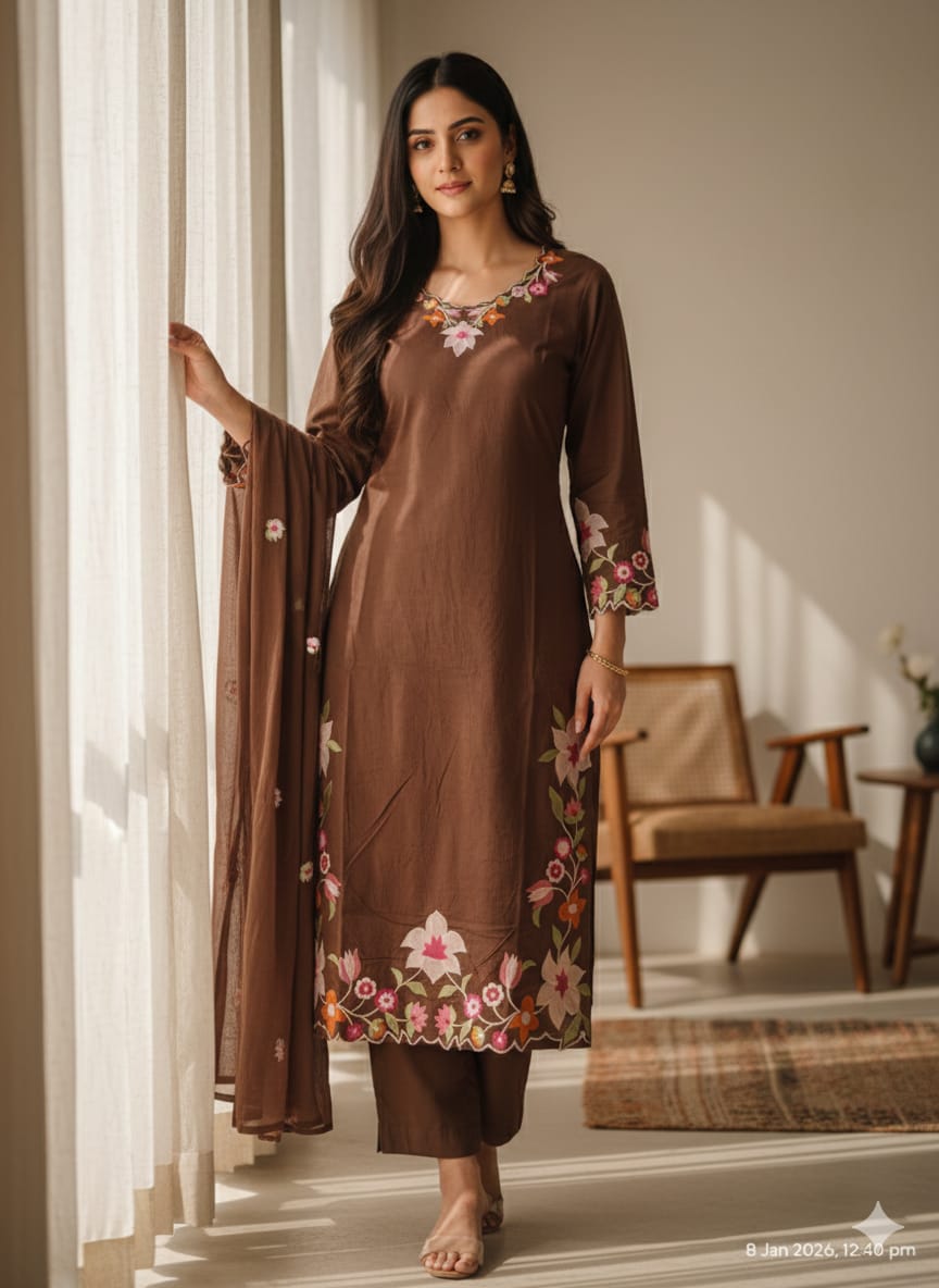 Zakiya Brown floral embroidered cotton suit set