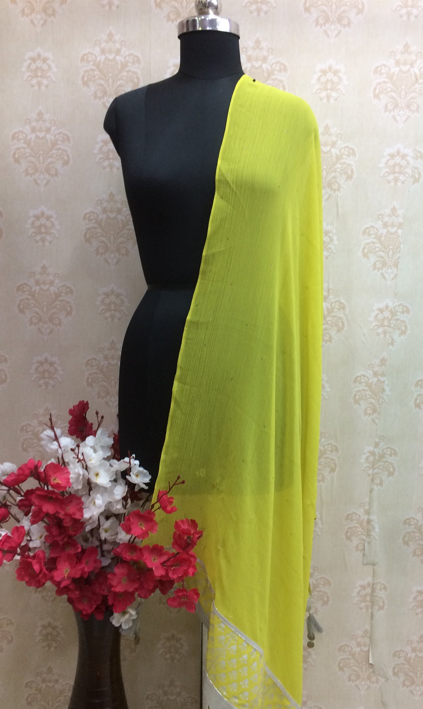 Lemon Yellow Dupatta with Sequin Embellishments & Silver Border