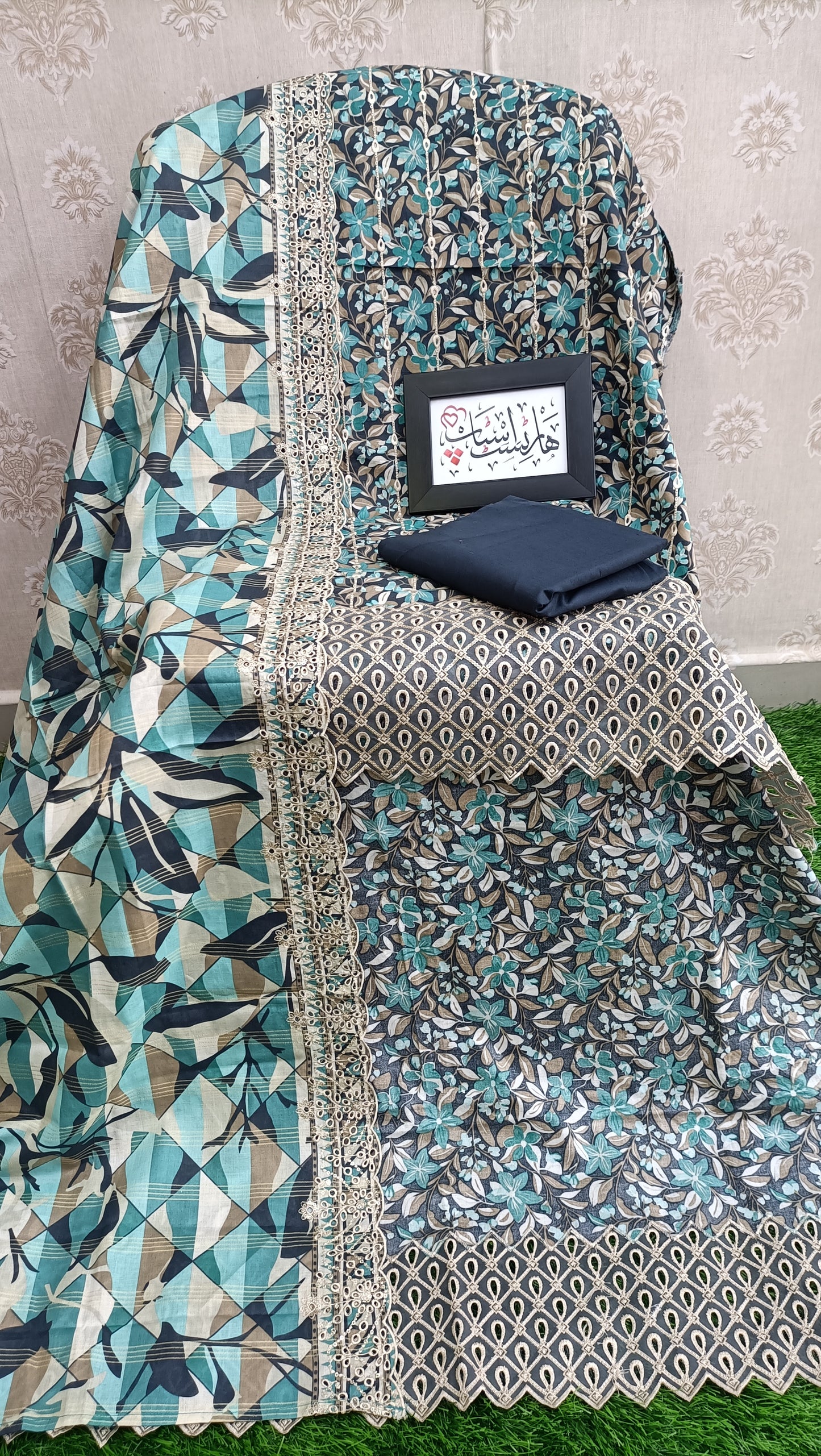 Bin Saeed unstitched embroidered green leaf pattern