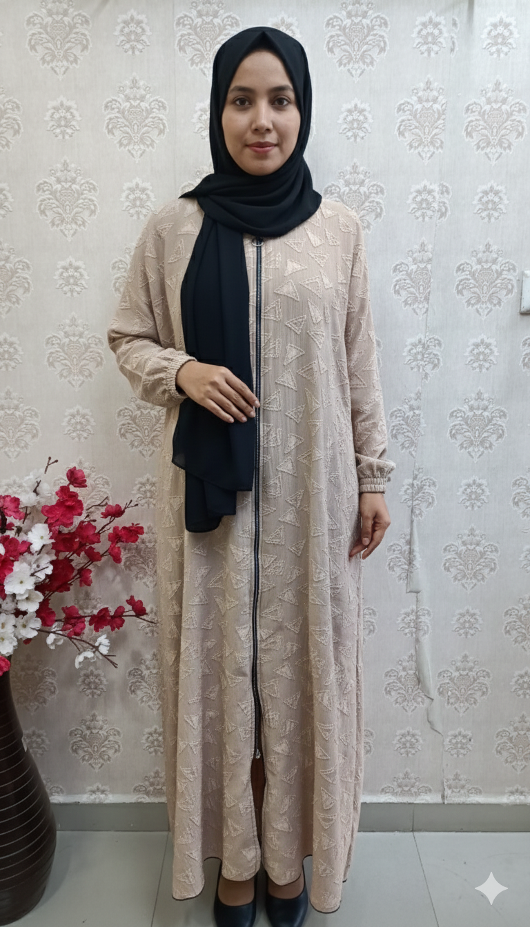 Textured Beige Geometric Abaya with Full Zip Front