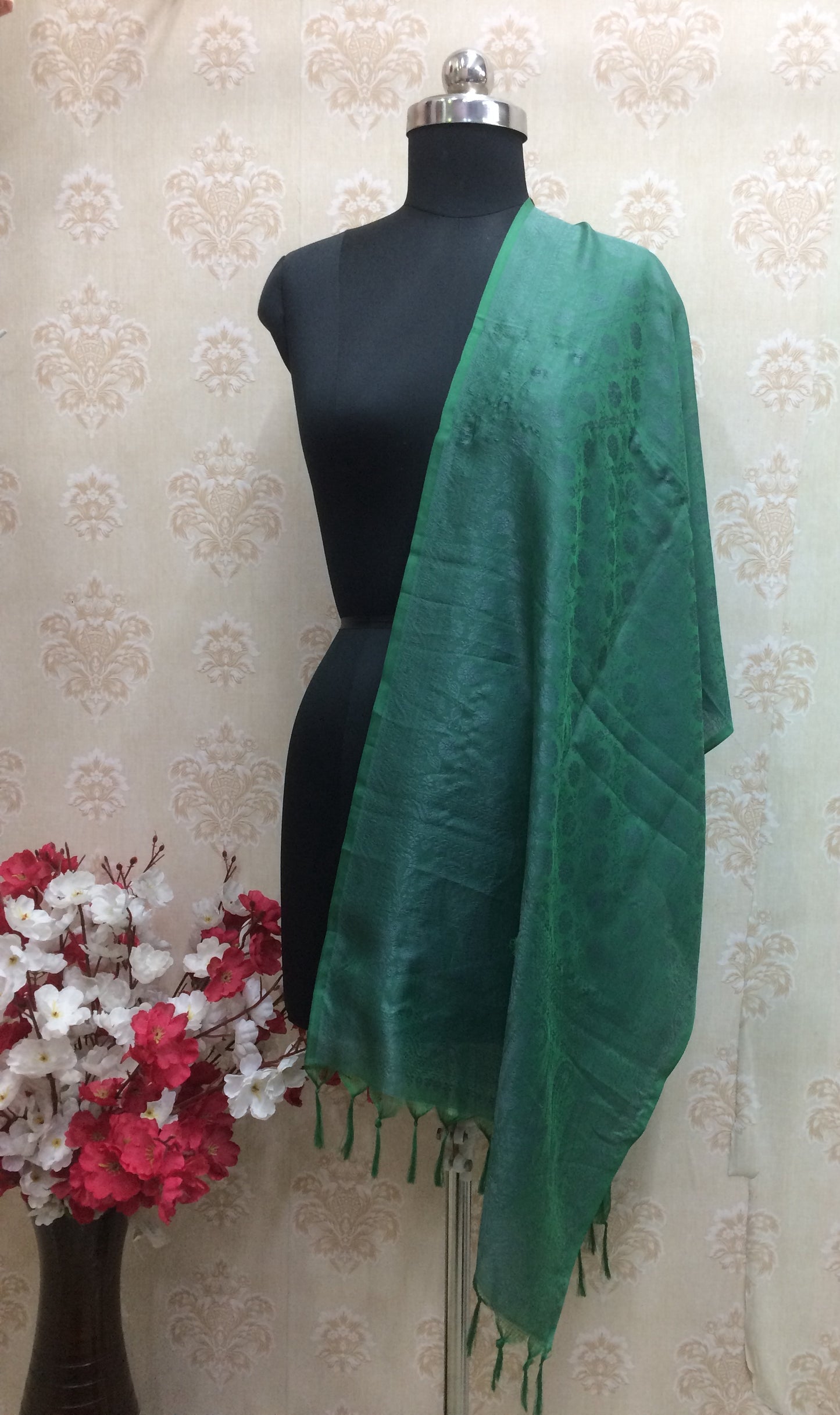 Green Silk Blend Dupatta with Self-Weave Jacquard Design