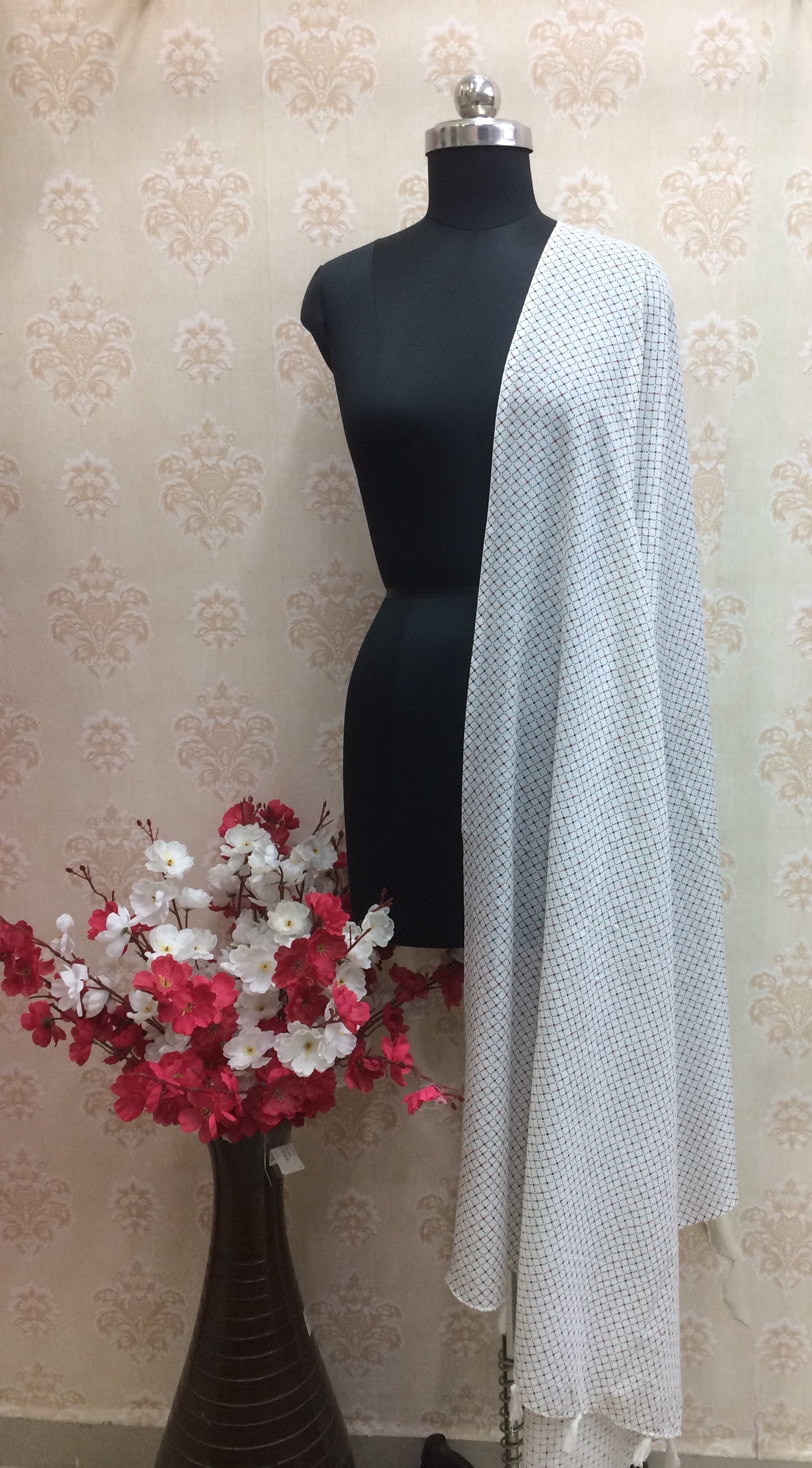 Classic White Cotton Dupatta with Black Micro-Dot / Jaal Print