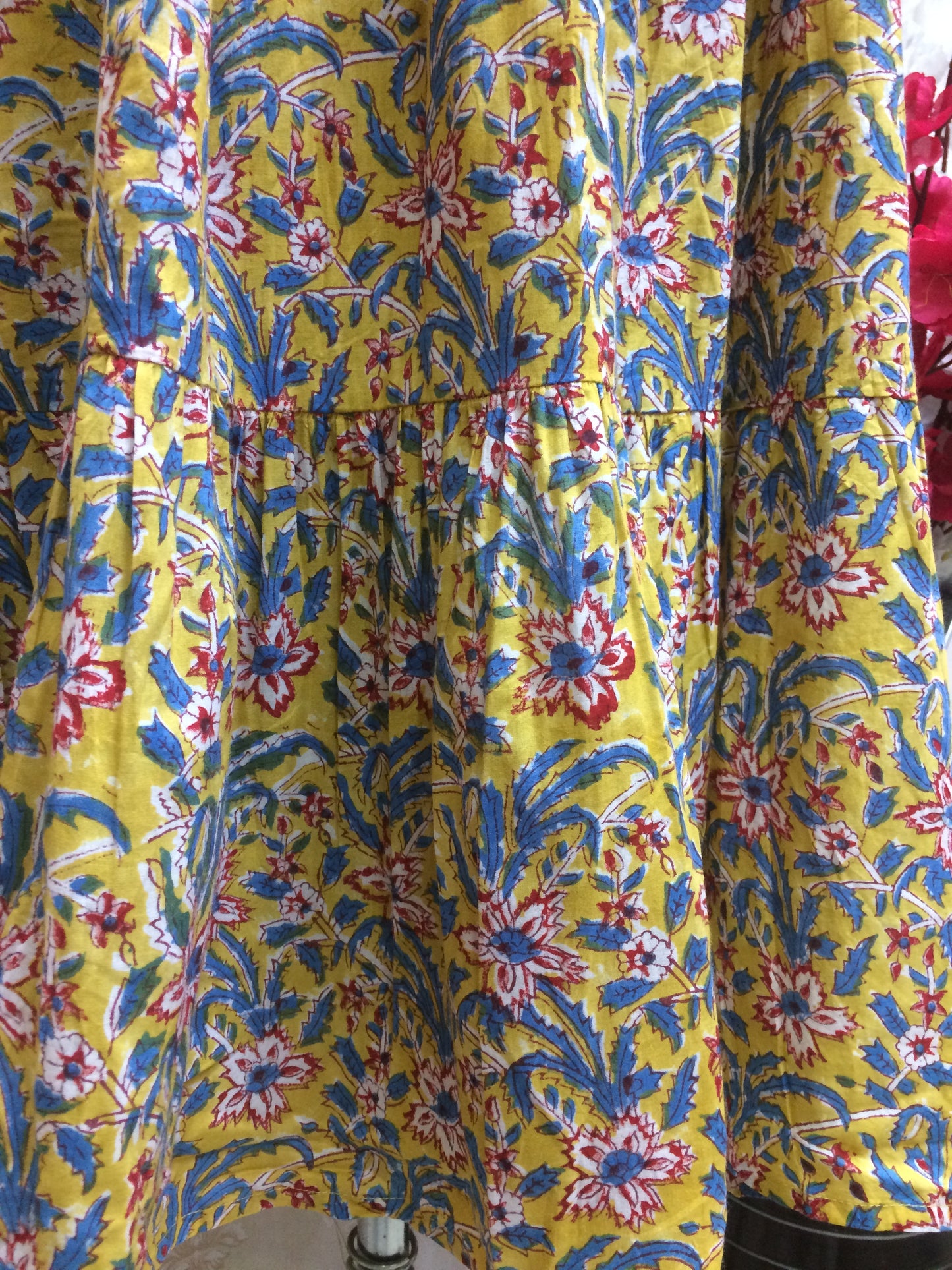 Yellow & Blue Floral Printed Kurti with Tie-Up Waist