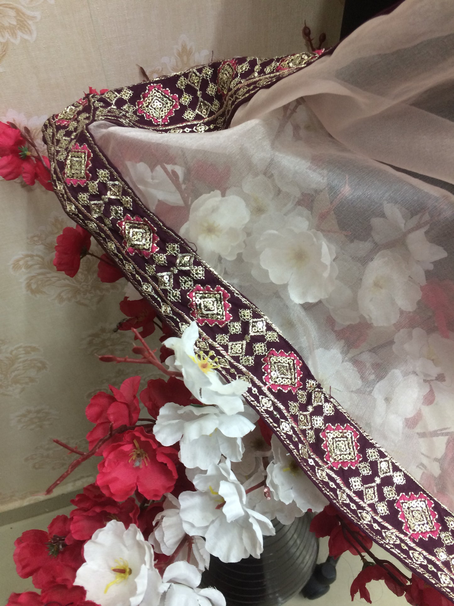 Light Beige Organza Dupatta with Zari and Sequin Embroidered Border