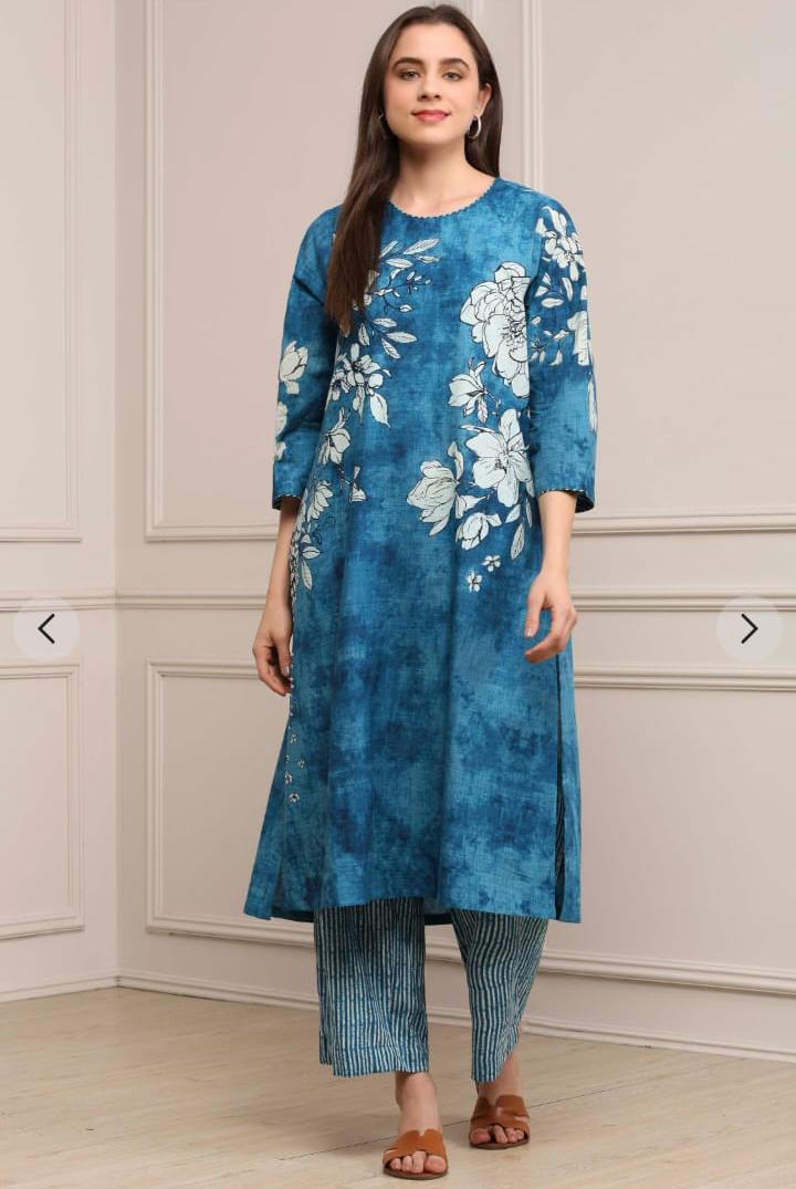Inayat Blue Floral Printed Kurta with Striped Trousers
