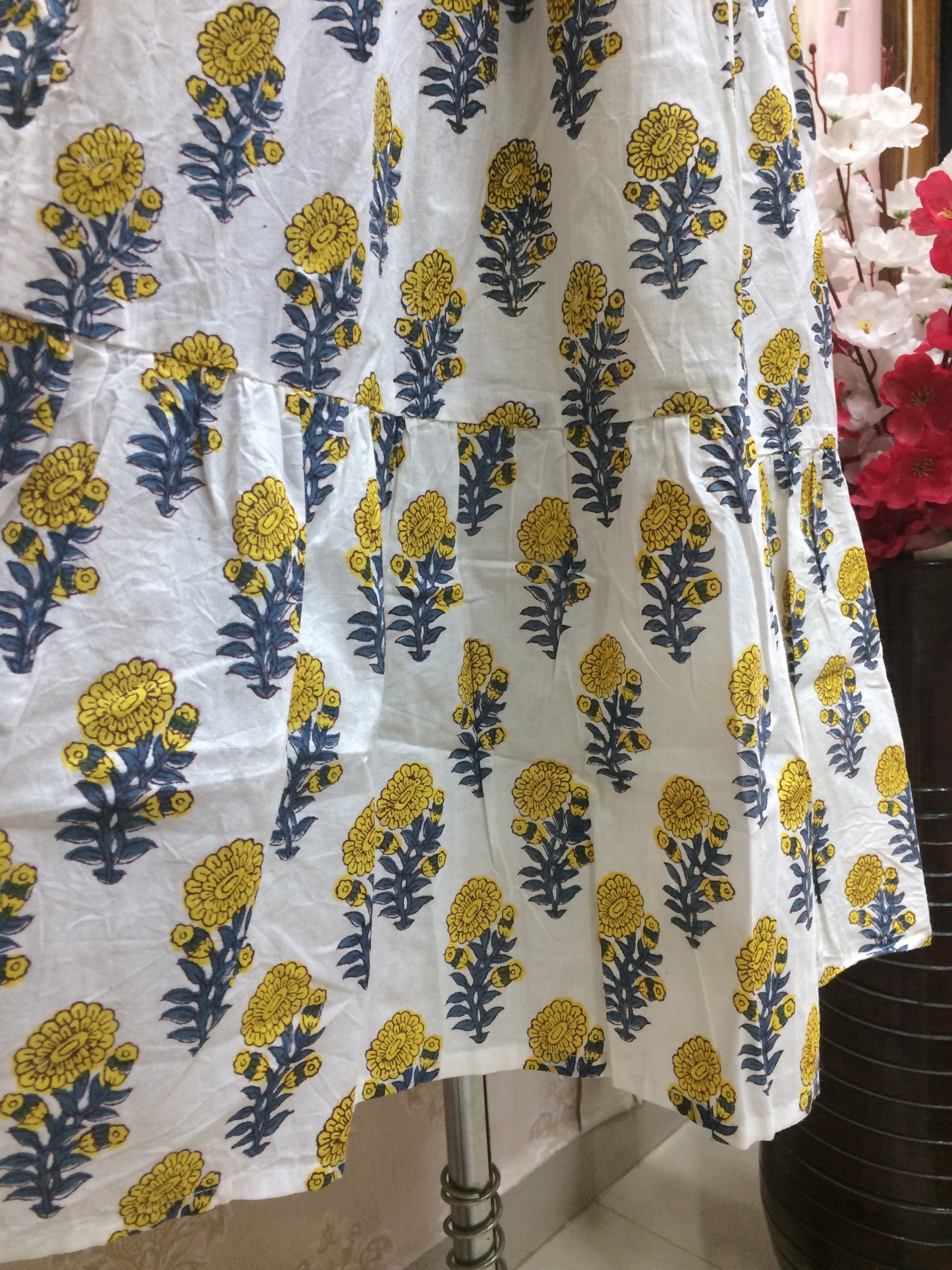White Cotton Kurti with Yellow & Blue Floral Print