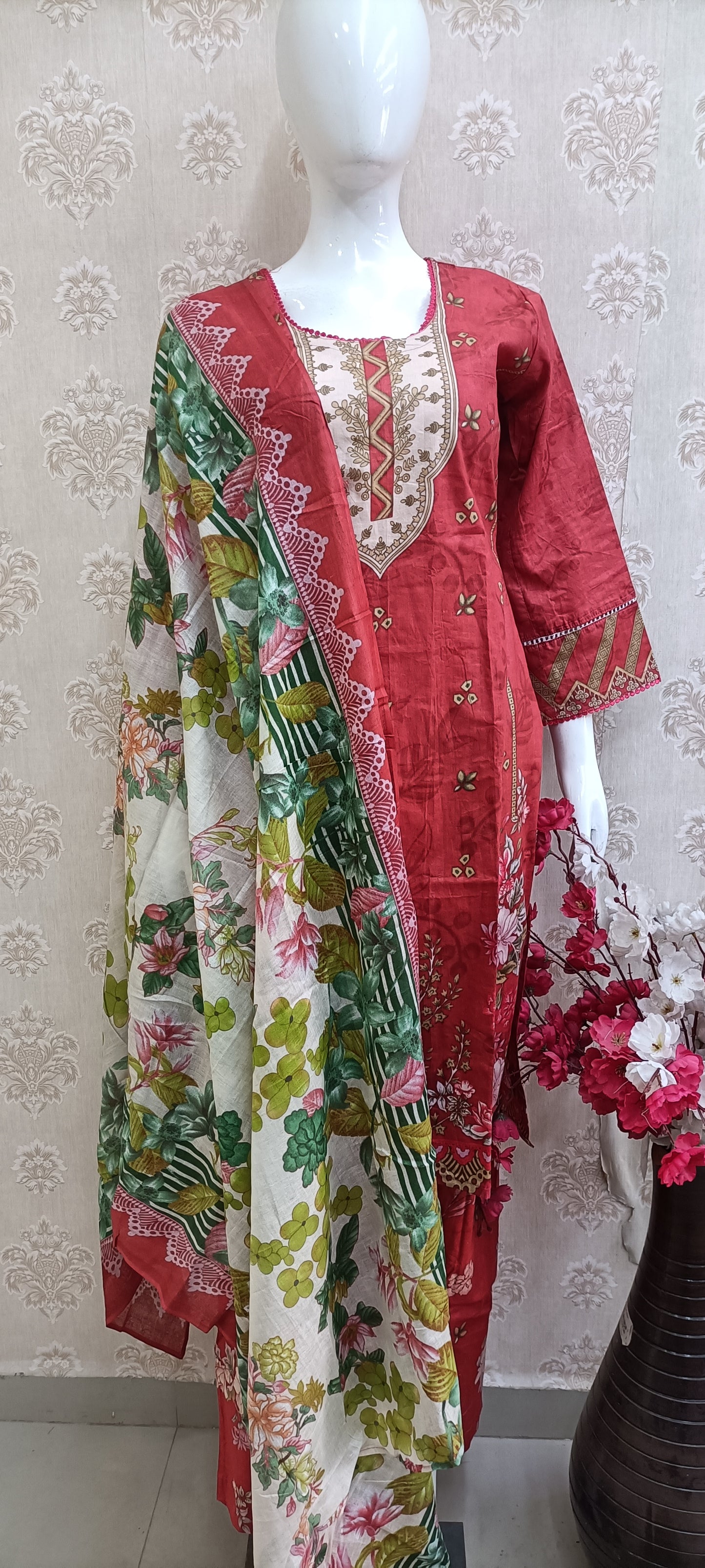 Pakistani dress red with printed bottom