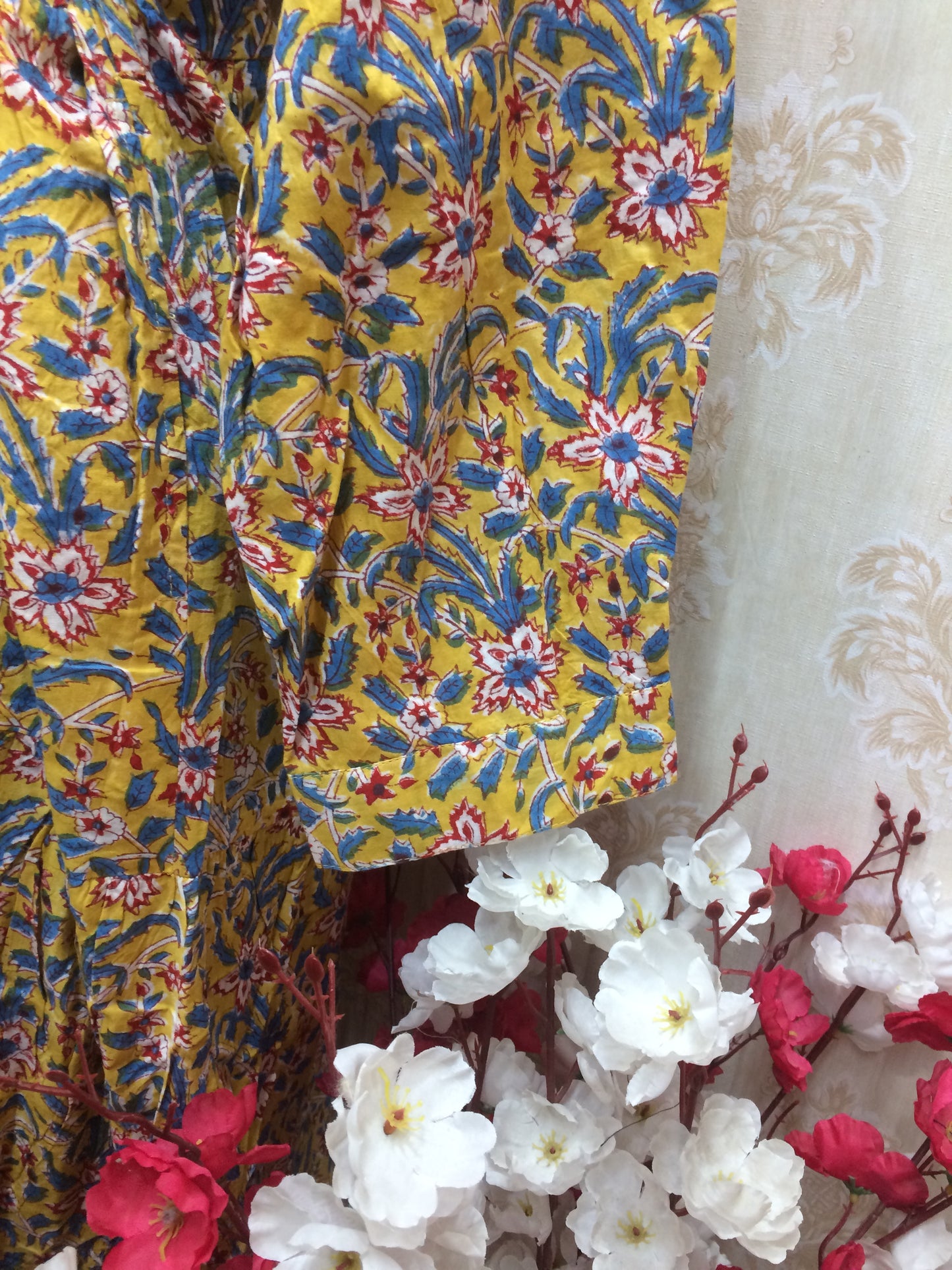 Yellow & Blue Floral Printed Kurti with Tie-Up Waist