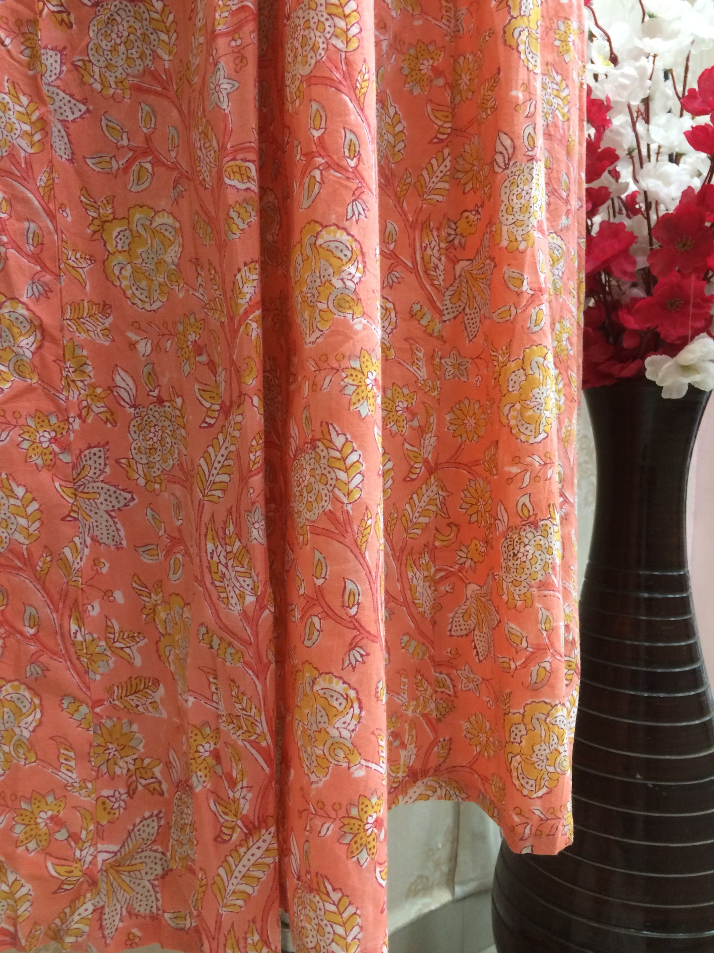 Jaipuri Printed Cotton Anarkali Kurti with Brown Buttons