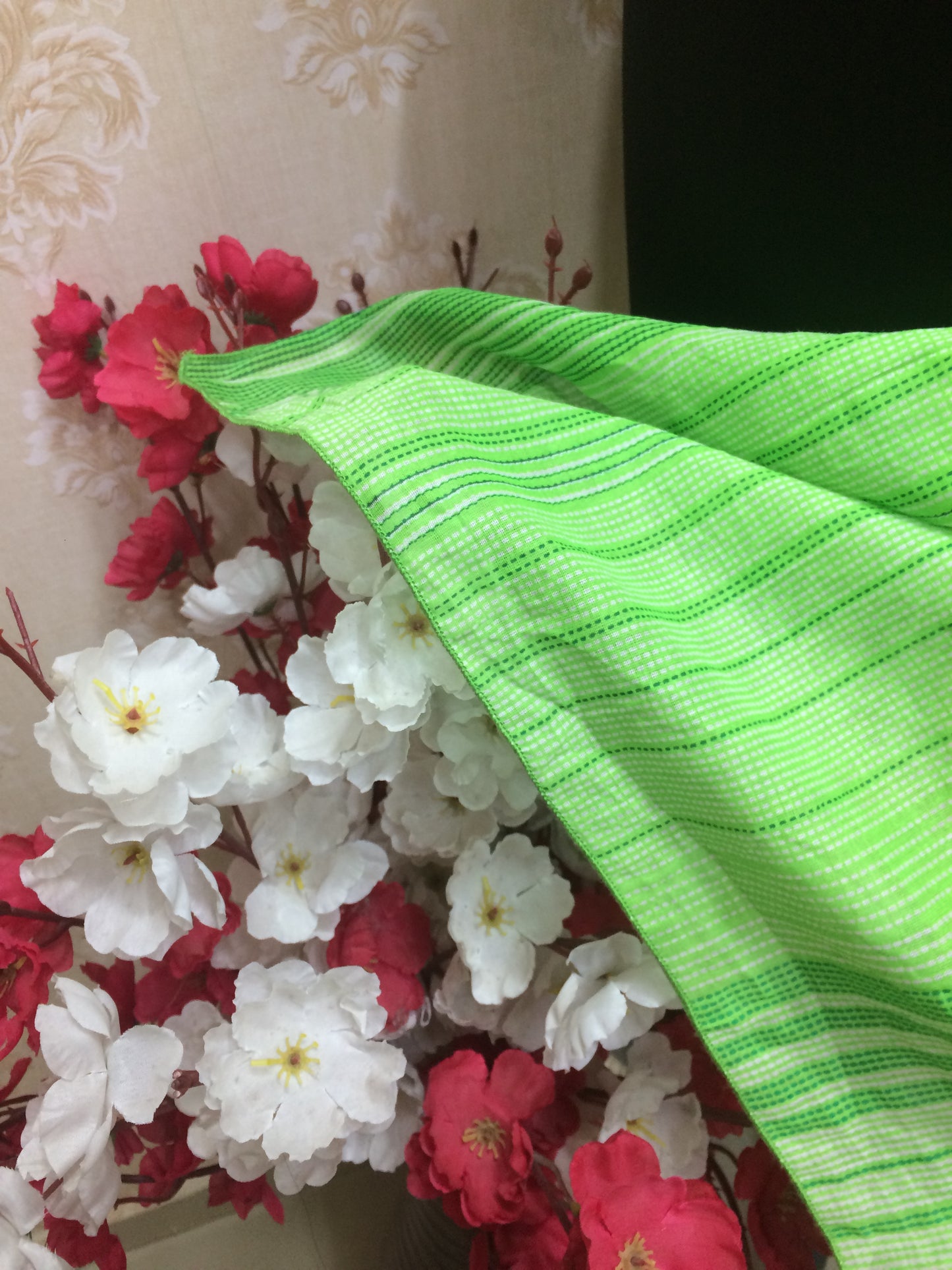 Vibrant Lime Green Cotton Dupatta with Black Floral Print