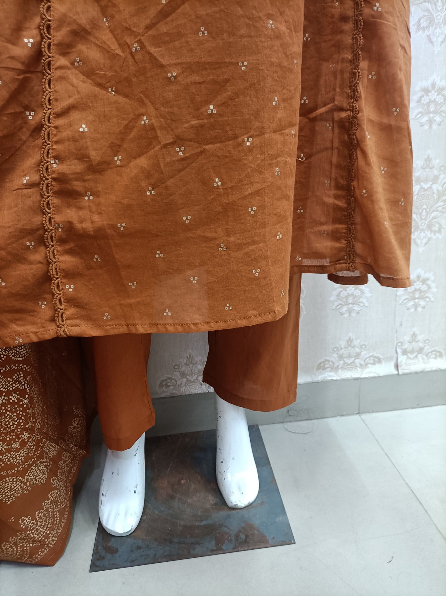 Rust Orange Embroidered Cotton Kurta Set with Dupatta