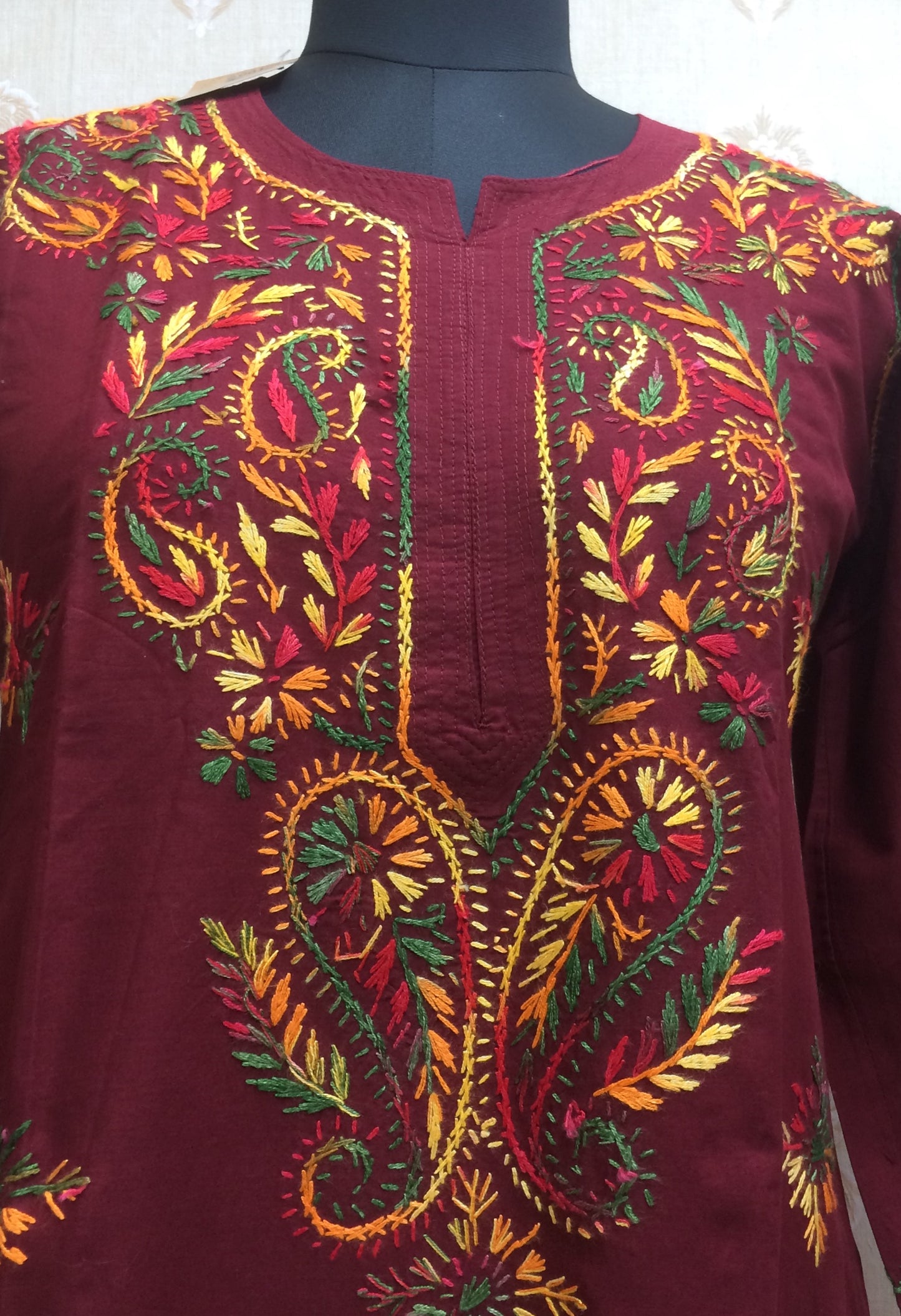 Maroon Khadi Cotton Kurti with Heavy Multi-Color Lucknowi Chikankari Style Embroidery