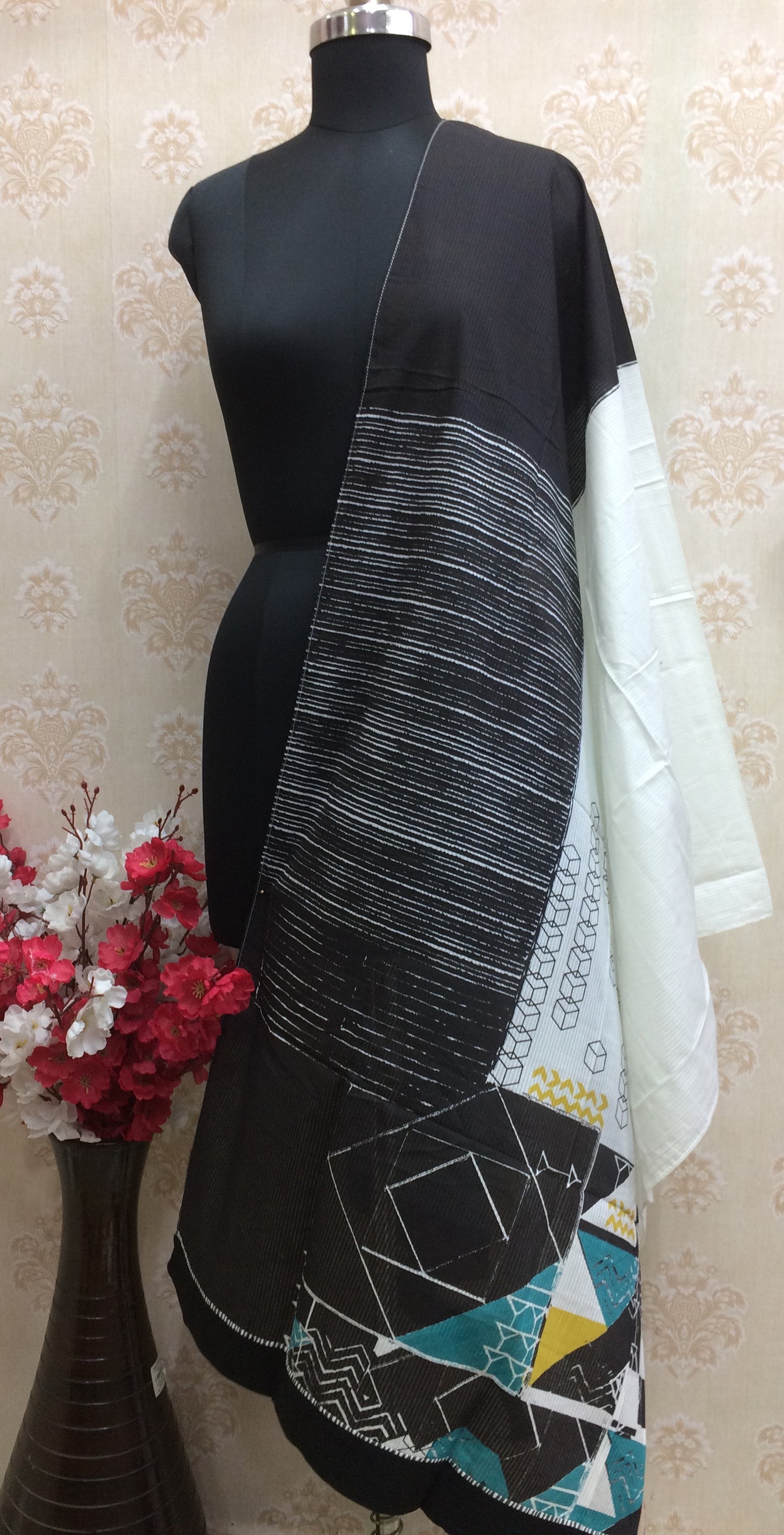 Black white cotton dupatta with multi print