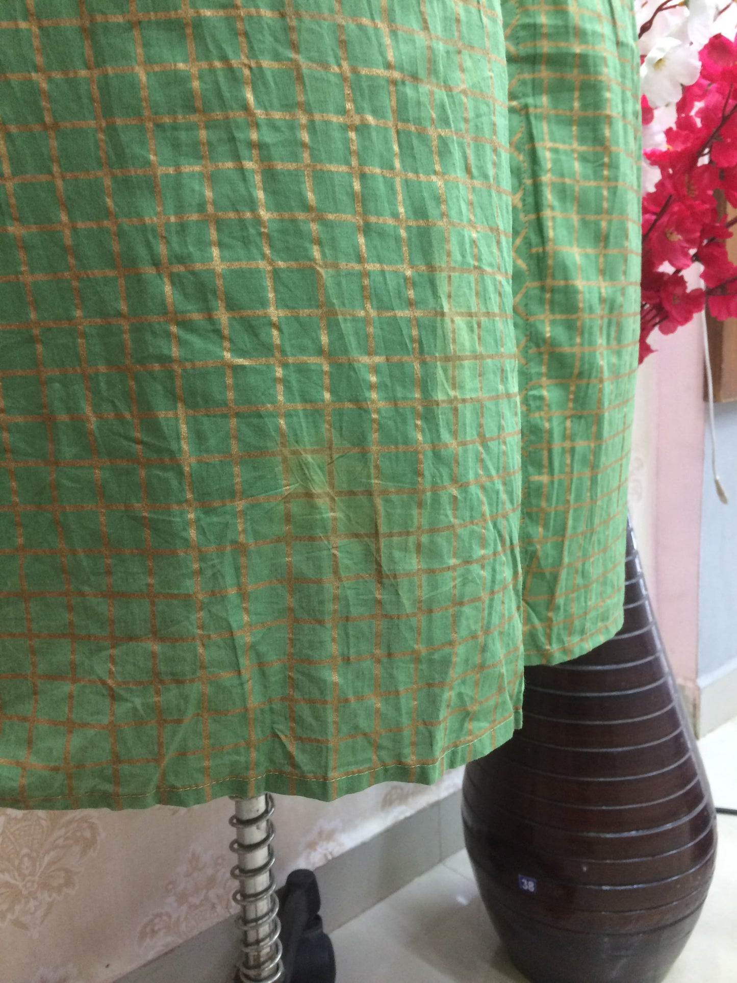 Elegant Green Front-Slit Anarkali Style Kurti with Gold Check Print