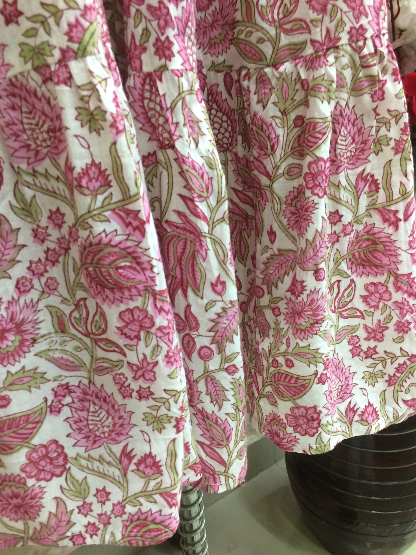 Pink Floral Print Flared Cotton Kurta with Tie-Up Belt