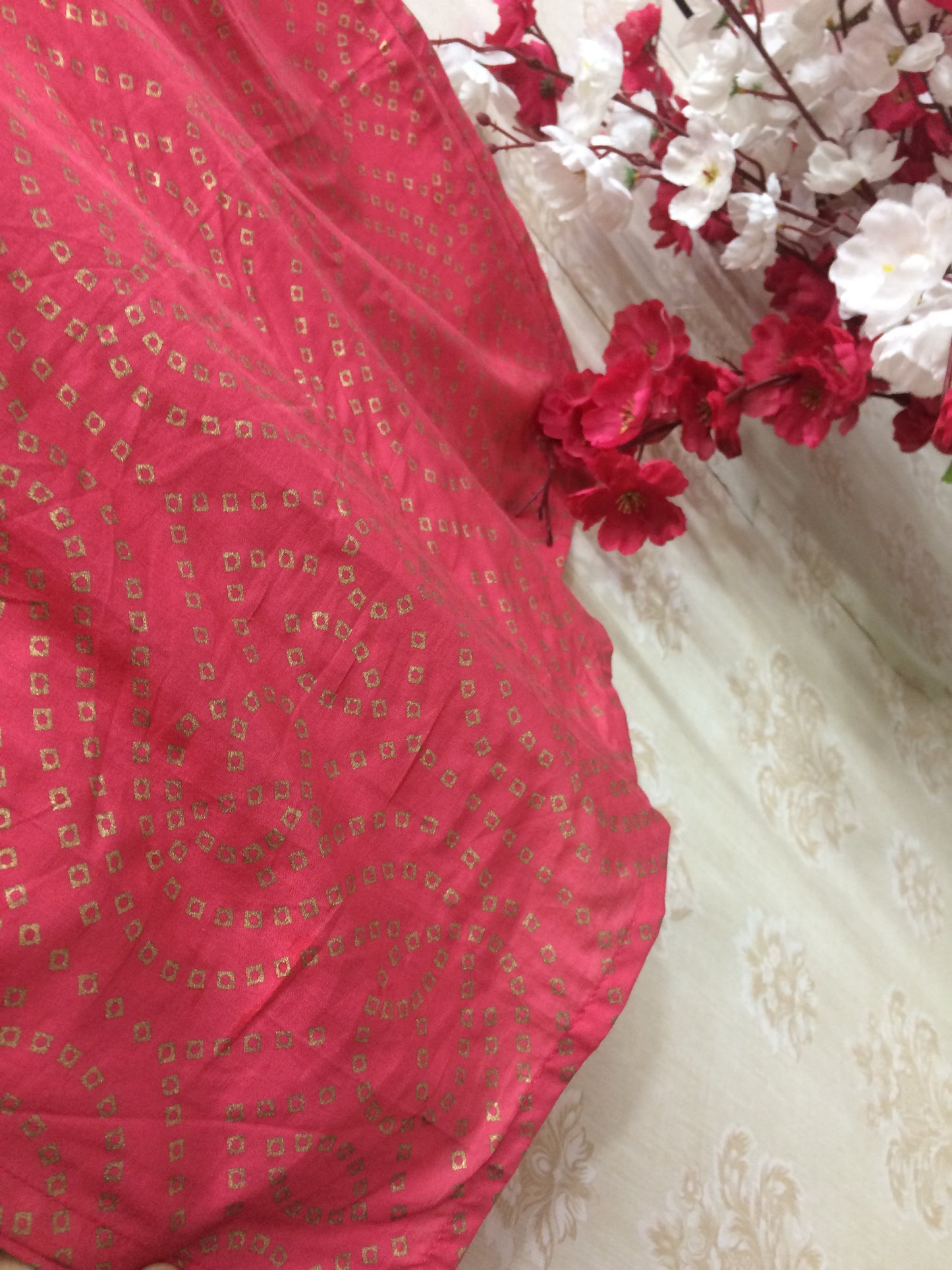 Bright Coral Cotton Kurti with Gold Bandhani Print