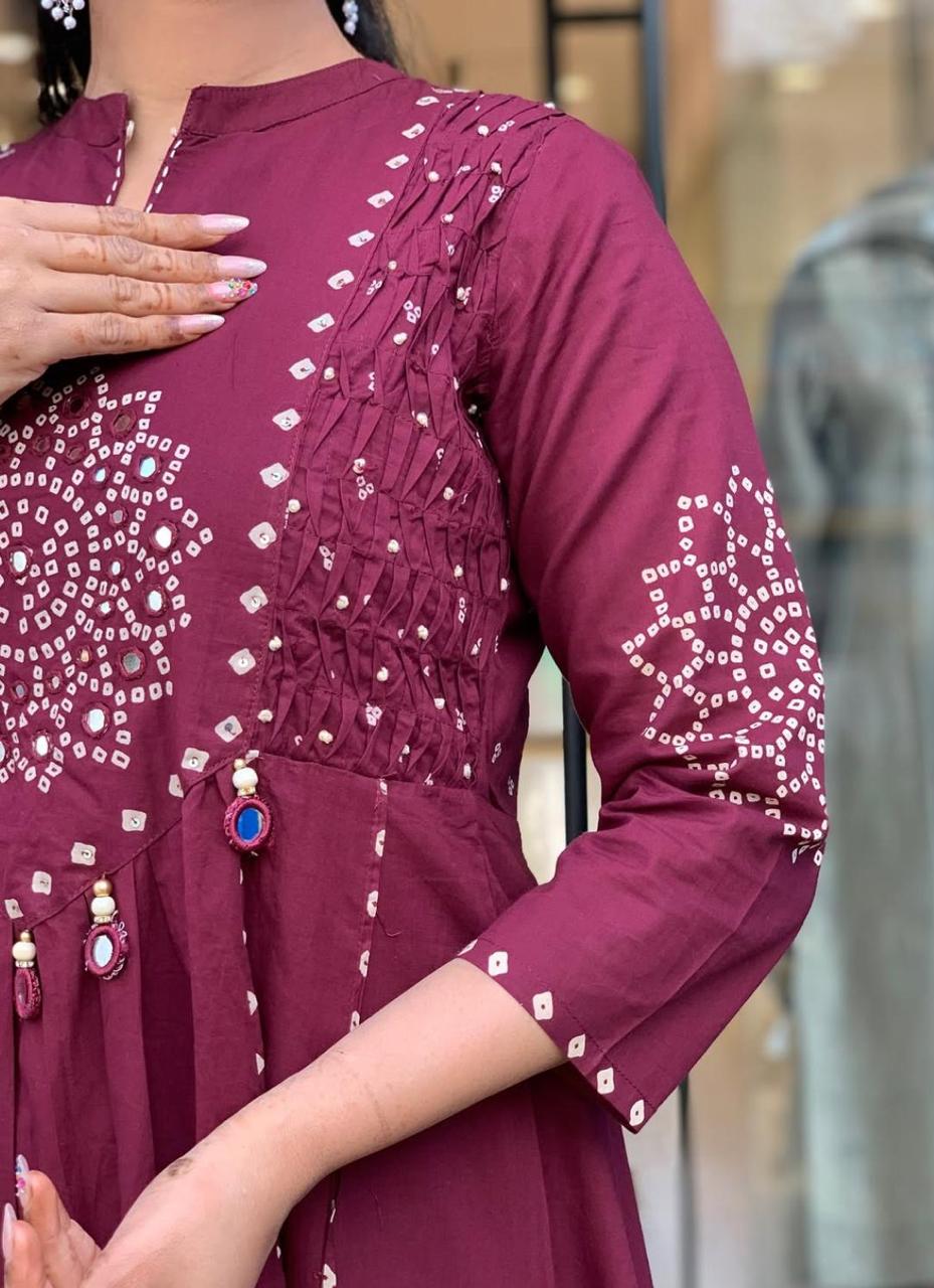 Deep Wine Bandhani Print Anarkali Set with Mirror Work