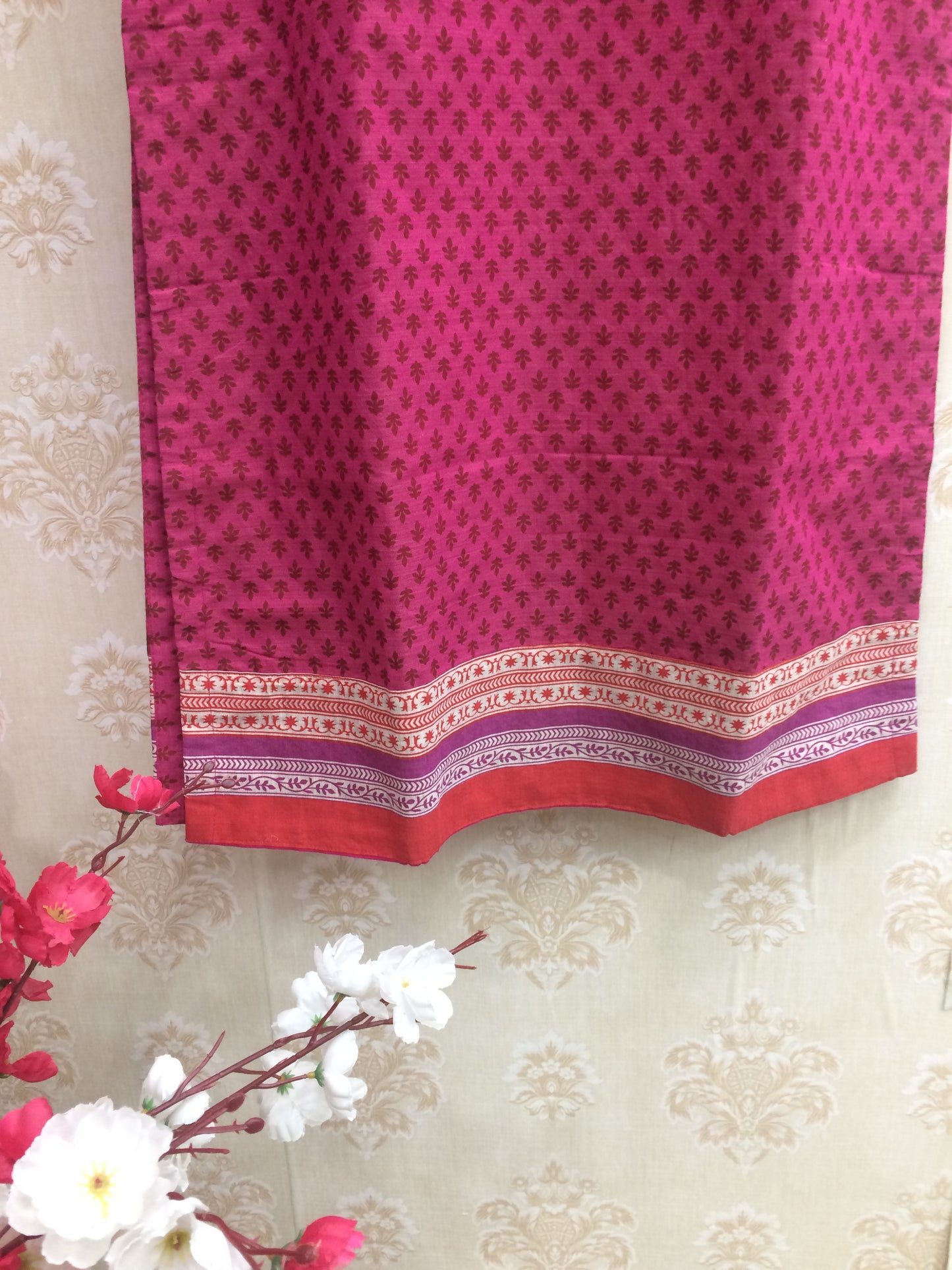 Rani Pink All-Over Block Print Cotton Kurta with Contrast Border