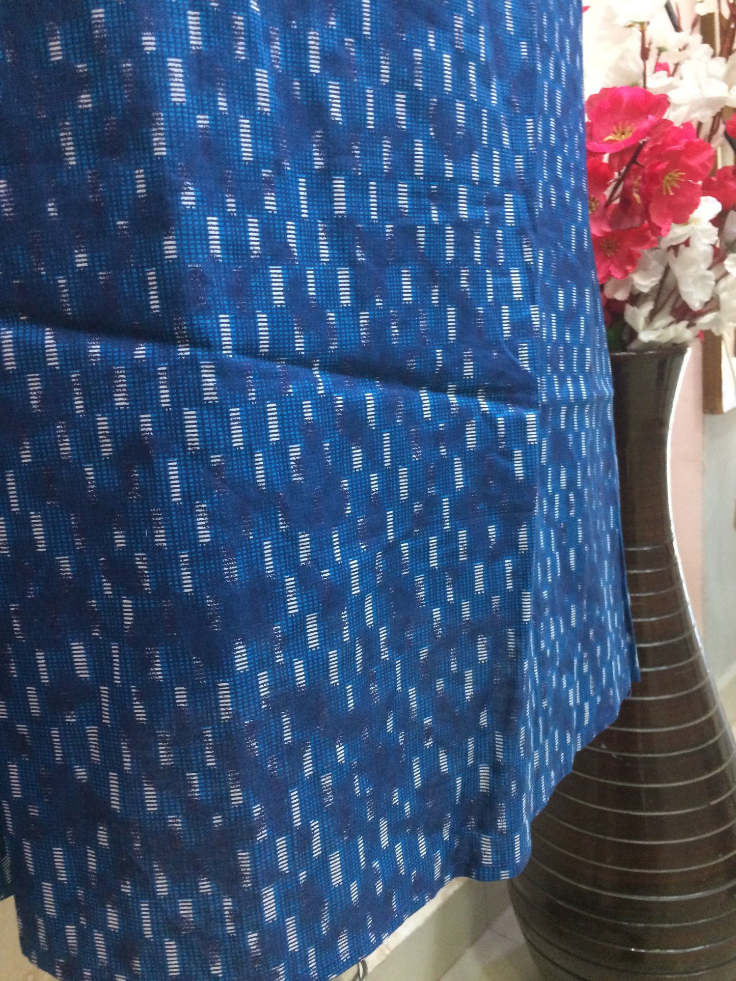 Indigo Blue Ikat Style Printed Cotton Kurti with Adjustable Waist Tie-Up