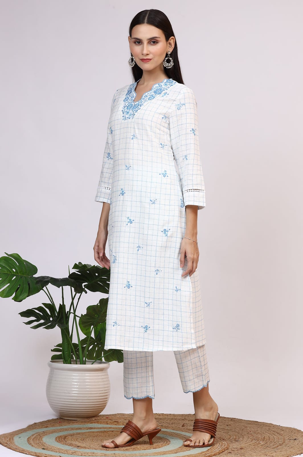 Sila White & Blue Check Printed Kurta Set with Heavy Neck Embroidery