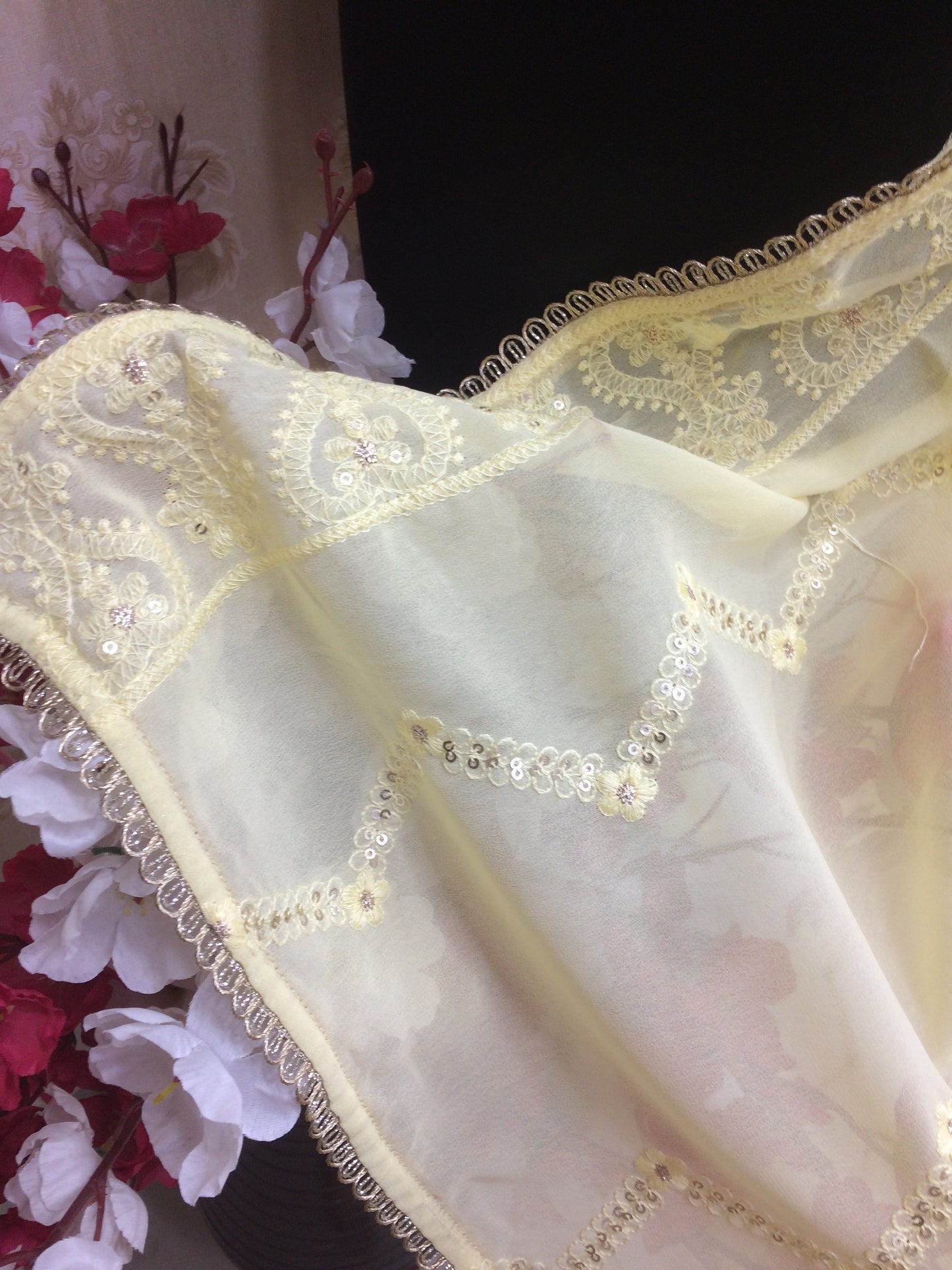 Soft Yellow Embroidered Chiffon Dupatta with Lace Border