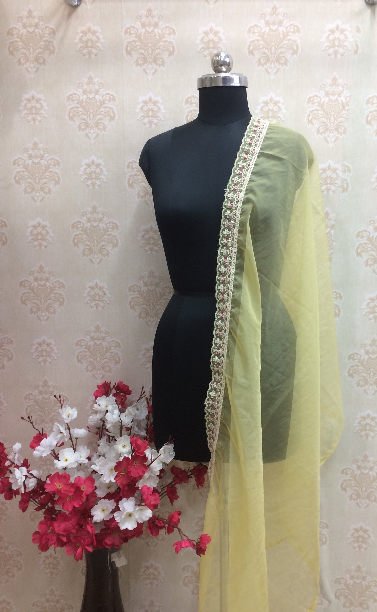 Pastel Yellow Organza Dupatta with Intricate Floral Lace Border