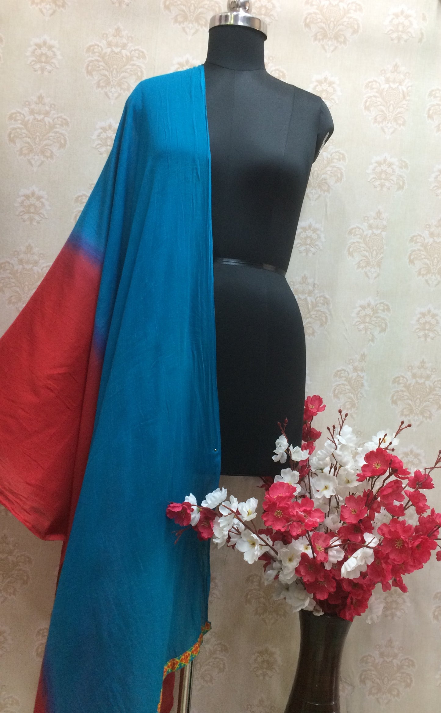 Cotton dupatta red and sky blue