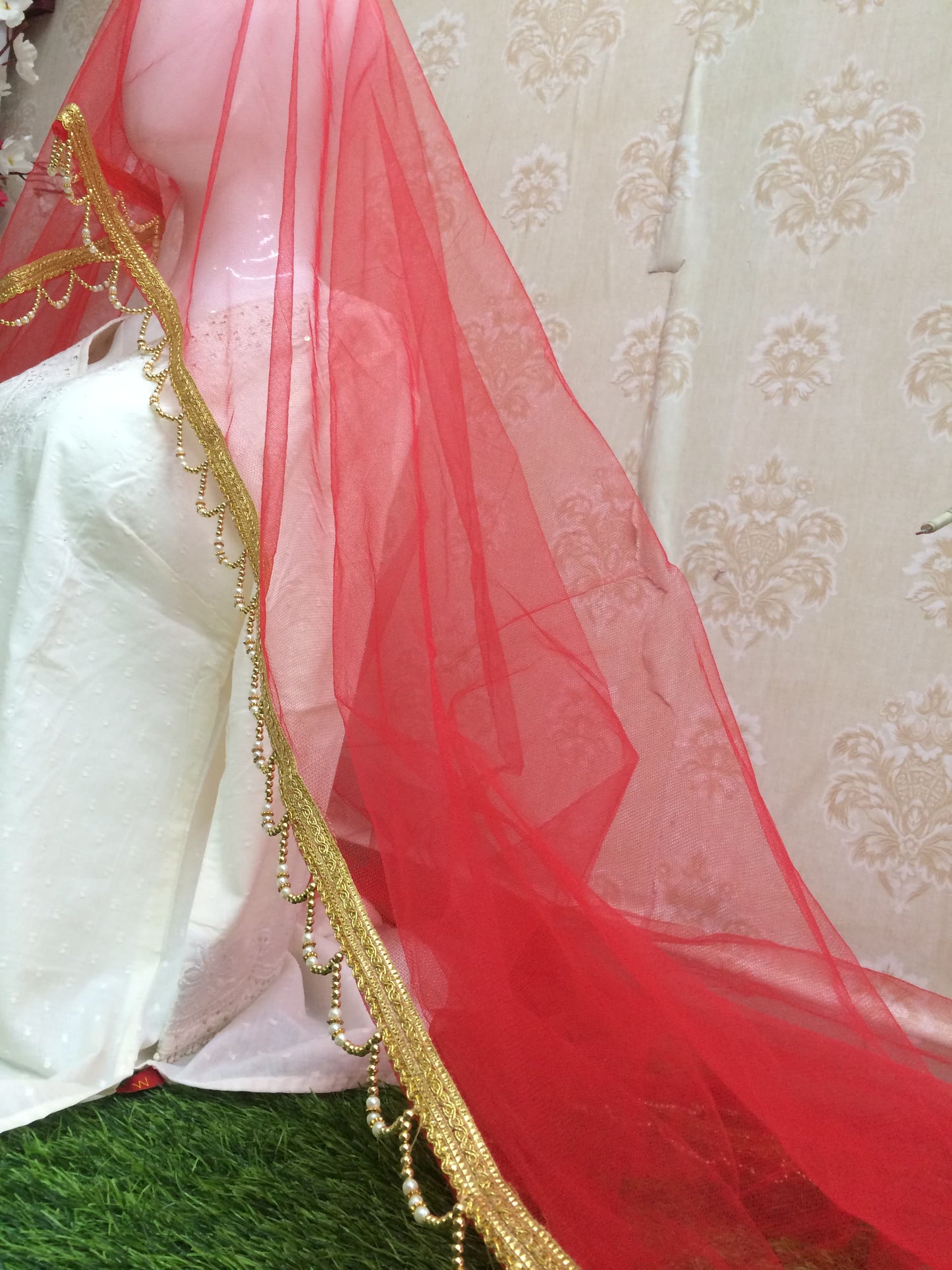 Red Dupatta with Golden Lace