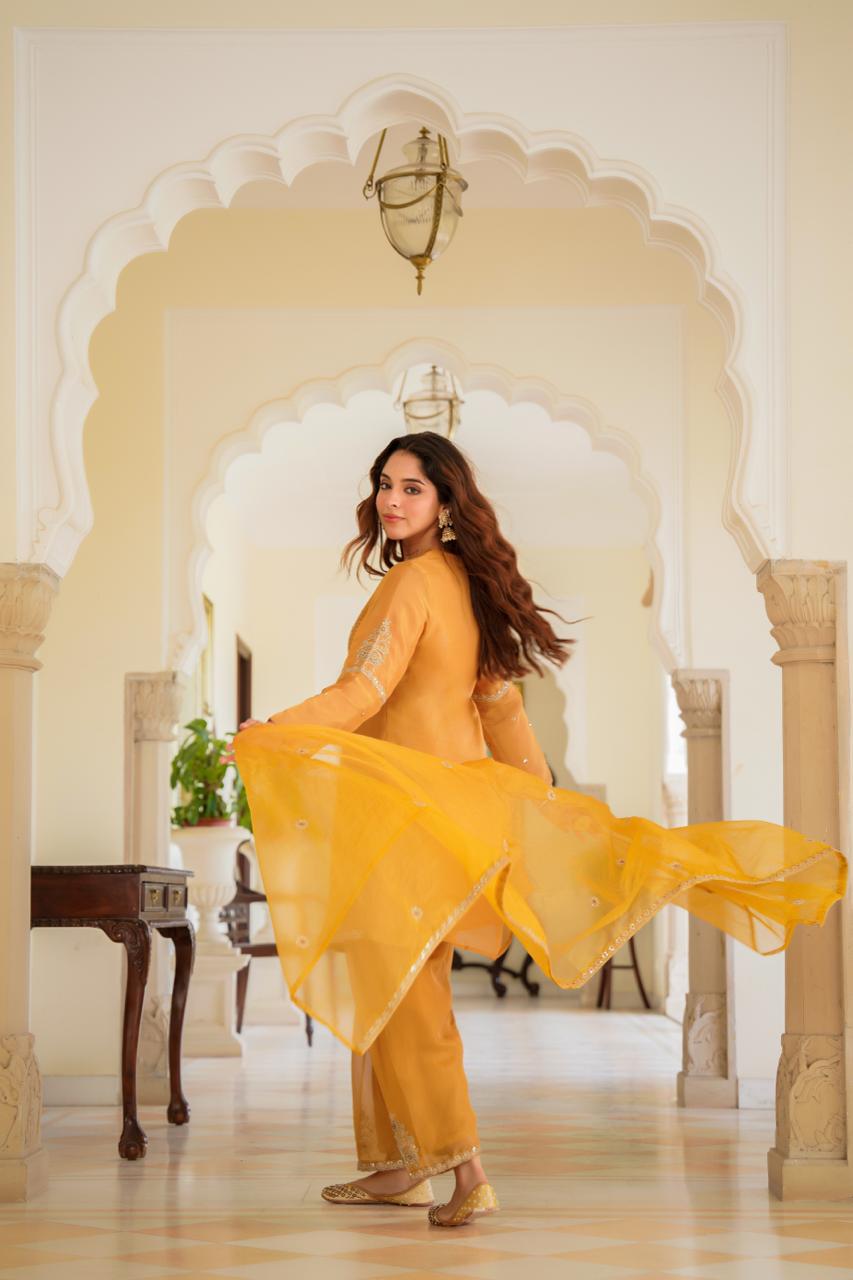 Ethereal Mustard Yellow Kurta & Salwar Set with Gold Zari Work